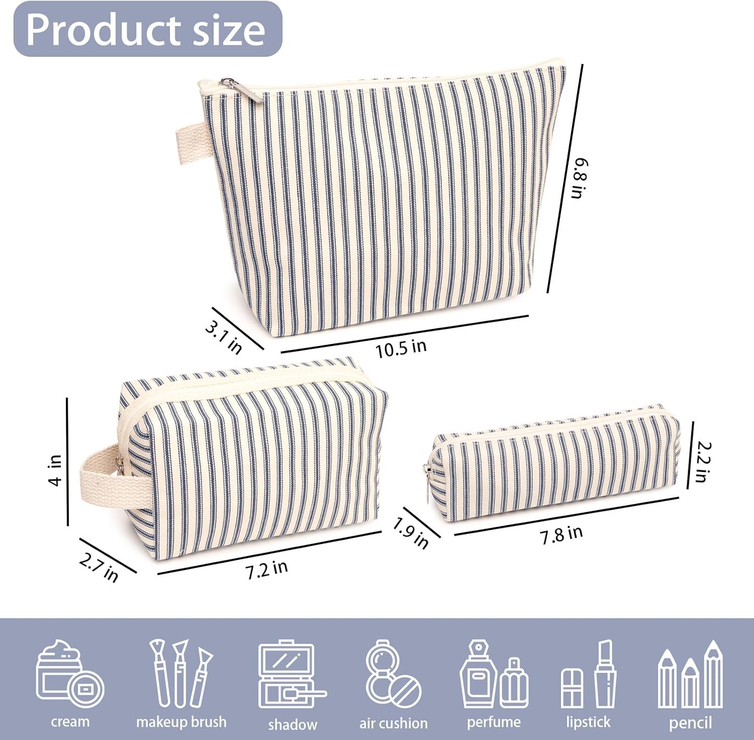 3 Pcs Canvas Makeup Bag Set, Travel Toiletry Bag, Blue Pinstripes