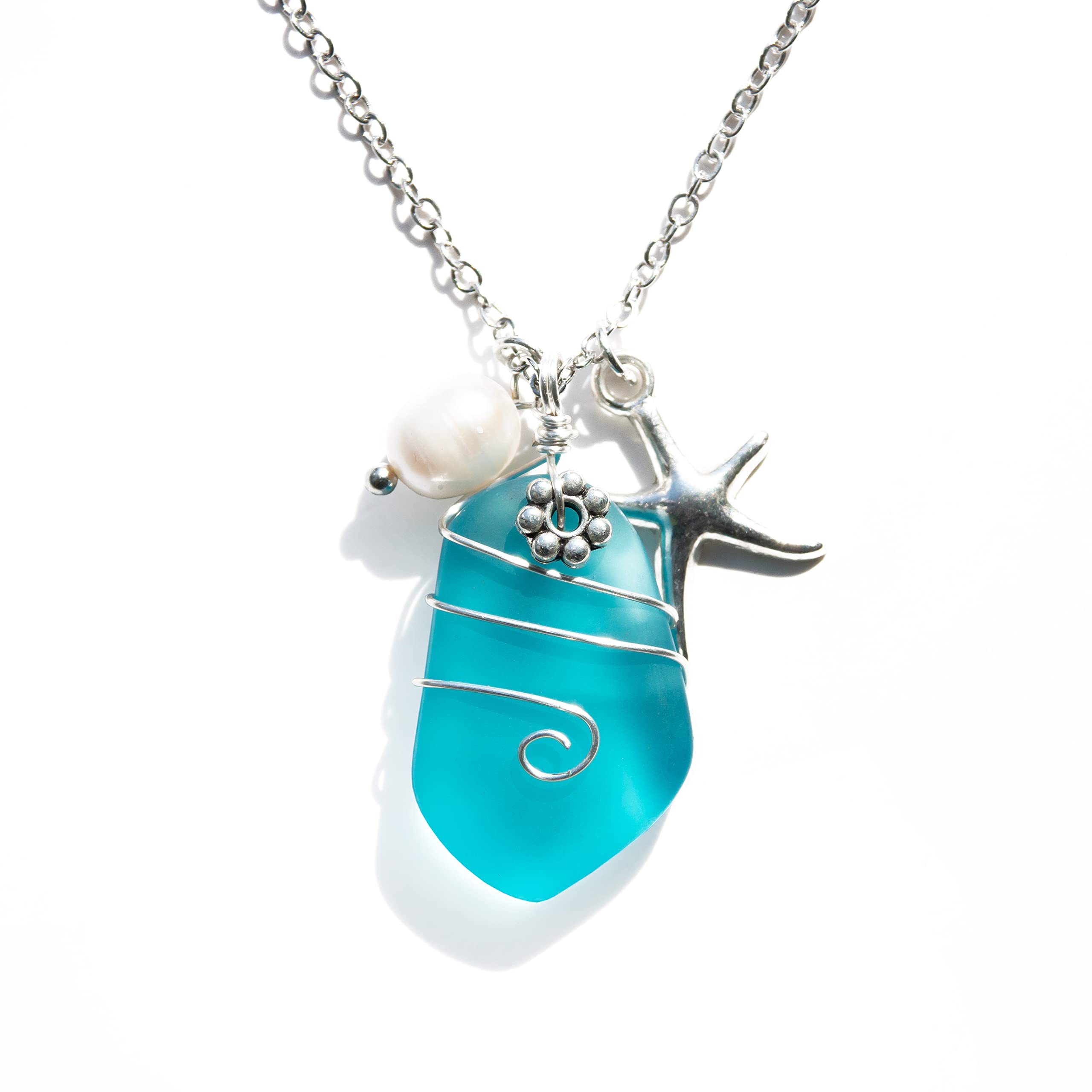 HZP JewelryBlue Sea Glass Necklace, Wire Wrapped Beach Necklaces with Starfish Pendant,18" Chain With 2" Extender Pendant Necklace
