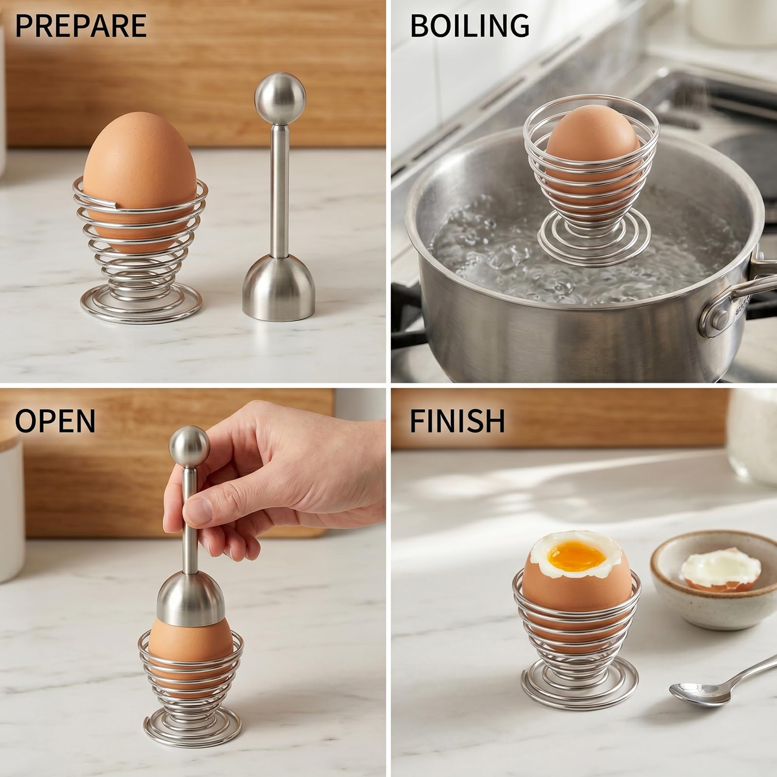 2pcs Abridor de cáscaras de huevos cocidos de acero inoxidable Incluye cortador de huevos, separador y un huevero, perfecto para huevos duros, blandos y crudos Fácil de usar