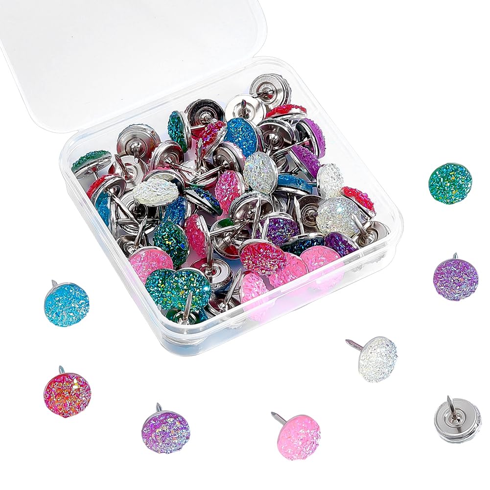 CRAFTYMELODY 60Pcs Decorative Push Pin 6 Colors Glitter Rhinestone Decorative Thumb Tacks Shiny Round Push Pins Cork Board Pins for Bulletin Board Photos Wall Maps Corkboard Office Home Decoration