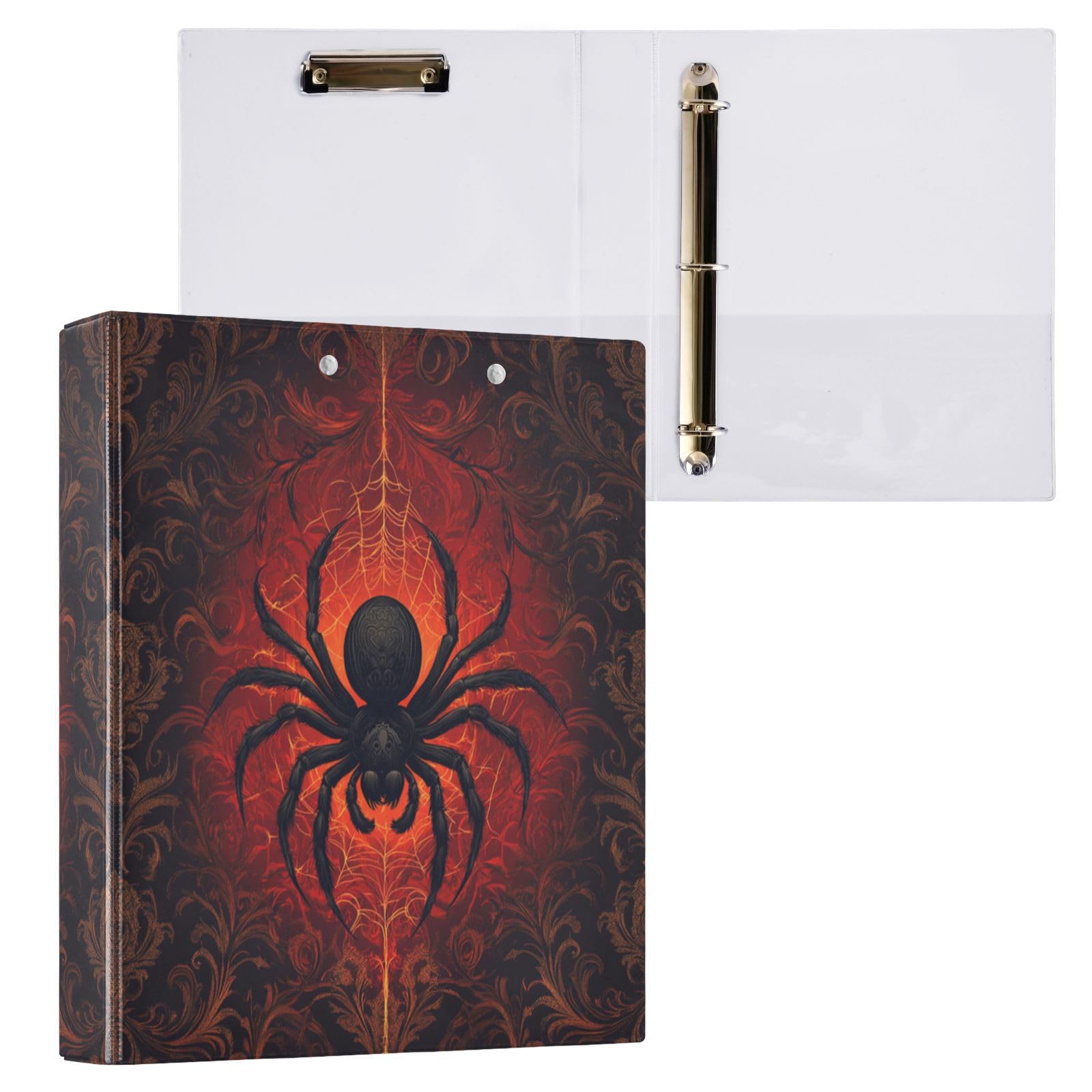 Caikeny 3 Ring Binder Red Spider Web Black 1.5 Inch Binders Halloween Round Ring Clipboard with 2 Pockets for Office Supplies