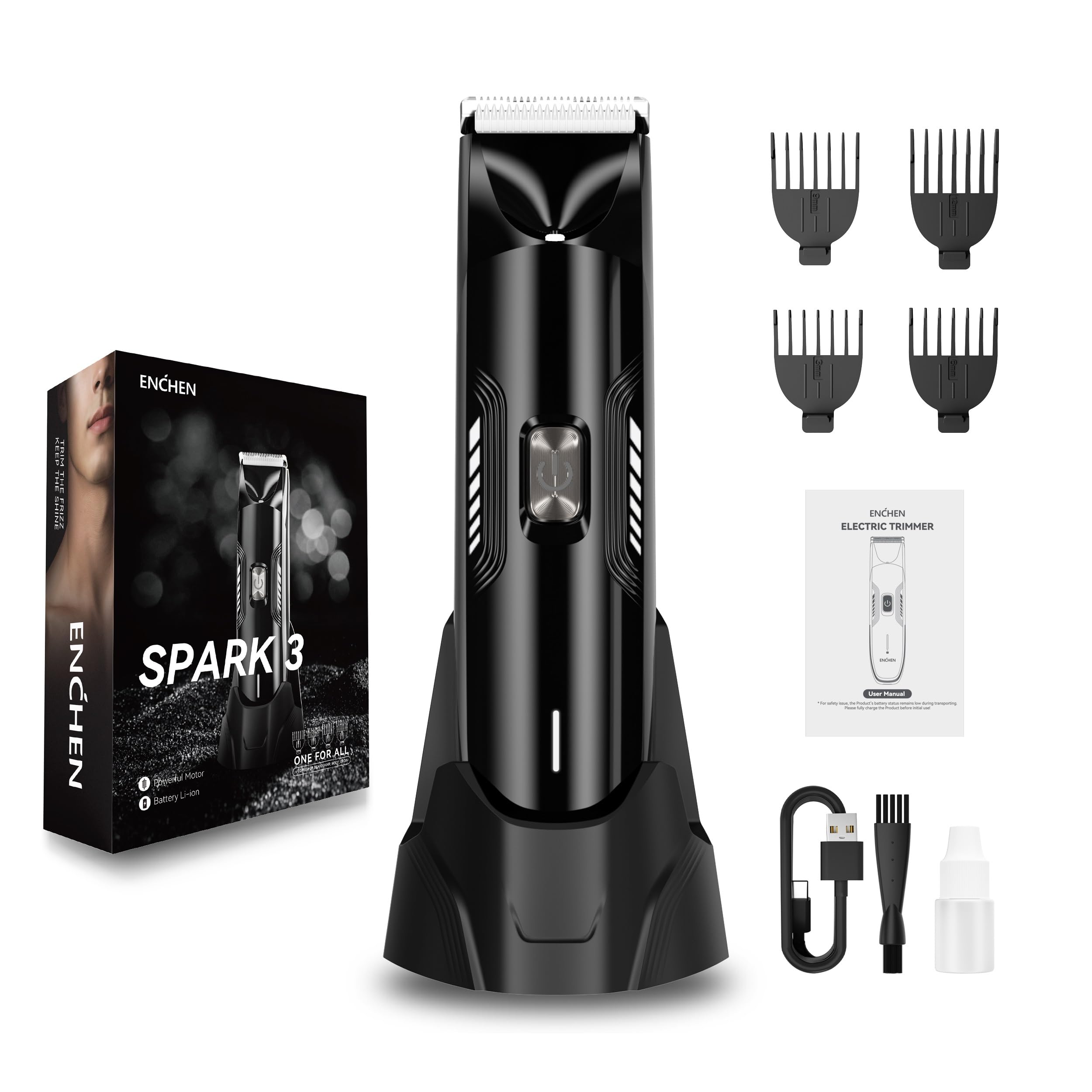 ENCHEN Spark 3 Trimmer for Men Beard,Groin & Body Grooming Kit with Different Guide Combs,Professional Hair Clippers,Wet & Dry Use,Fast Charging,120 Mins Runtime,Black