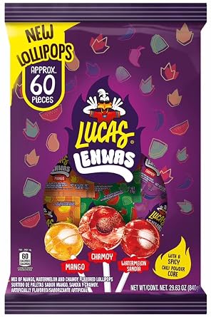 Lucas Lenwas Lollipops Variety Pack with Spicy Chili Powder Core, Mango, Chamoy & Watermelon Flavors, 60 Count, 29.63 oz Pack of 1