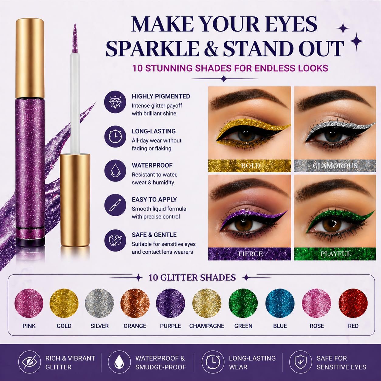 BestLand 10 colori Liquid Glitter Eyeliner Set Metallico Shimmer Glitter Ombretto Pigmento Sopracciglio Shimmer Arancione Oro Verde Impermeabile Colorato Eye Liner