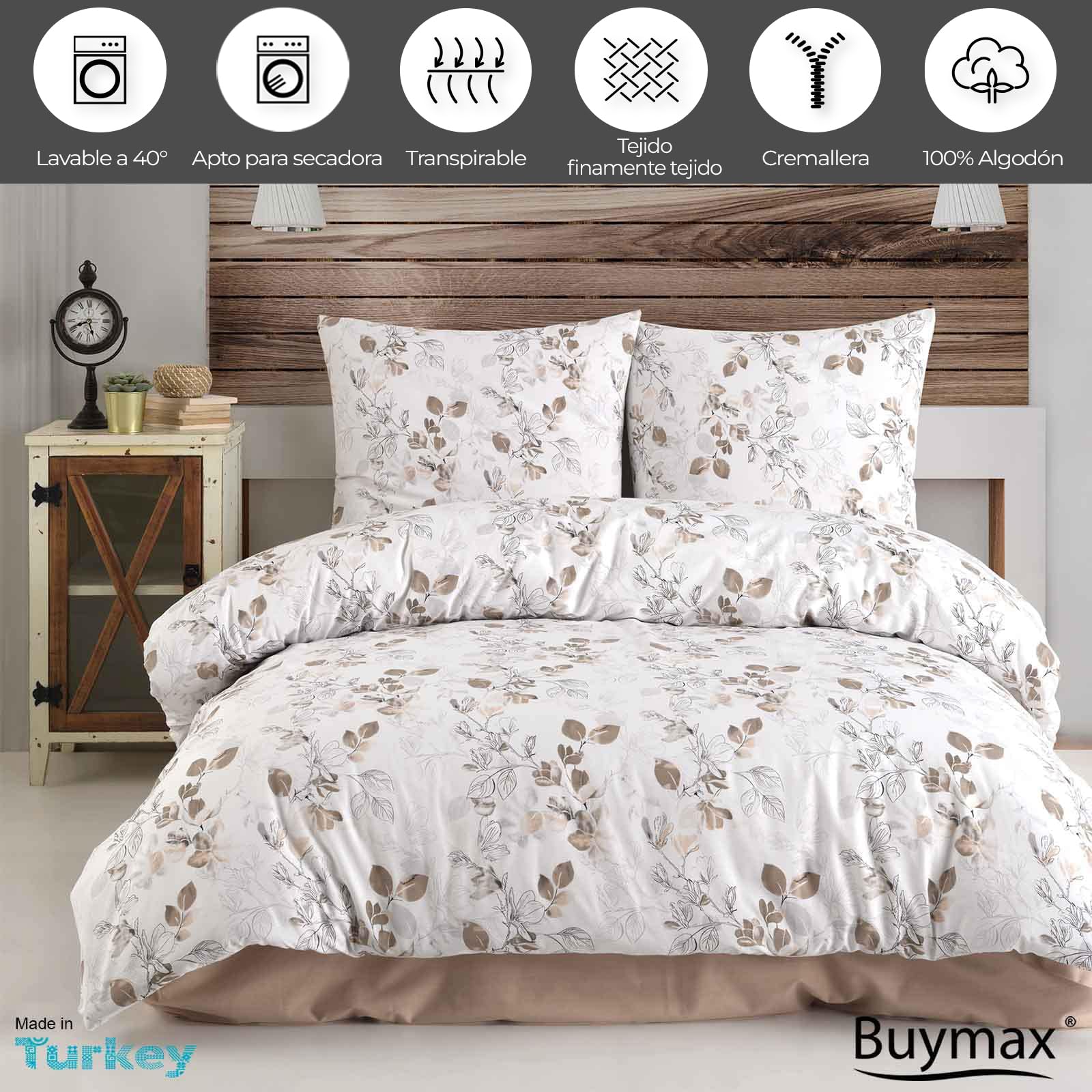 Buymax Ropa de cama de 200 x 200 cm, 100% algodón, 3 piezas, juego de ropa de cama de 200 x 200 cm con 2 fundas de almohada de 80 x 80 cm, certificado Öko-Tex Renforcé, juego de funda nórdica con