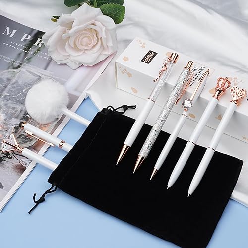 Miniatura 7 de WEMATE - Juego de 8 bolígrafos de metal con cristales y diamantes, con purpurina para diario, brillo blanco en tinta negra y azul, para mujeres, Día