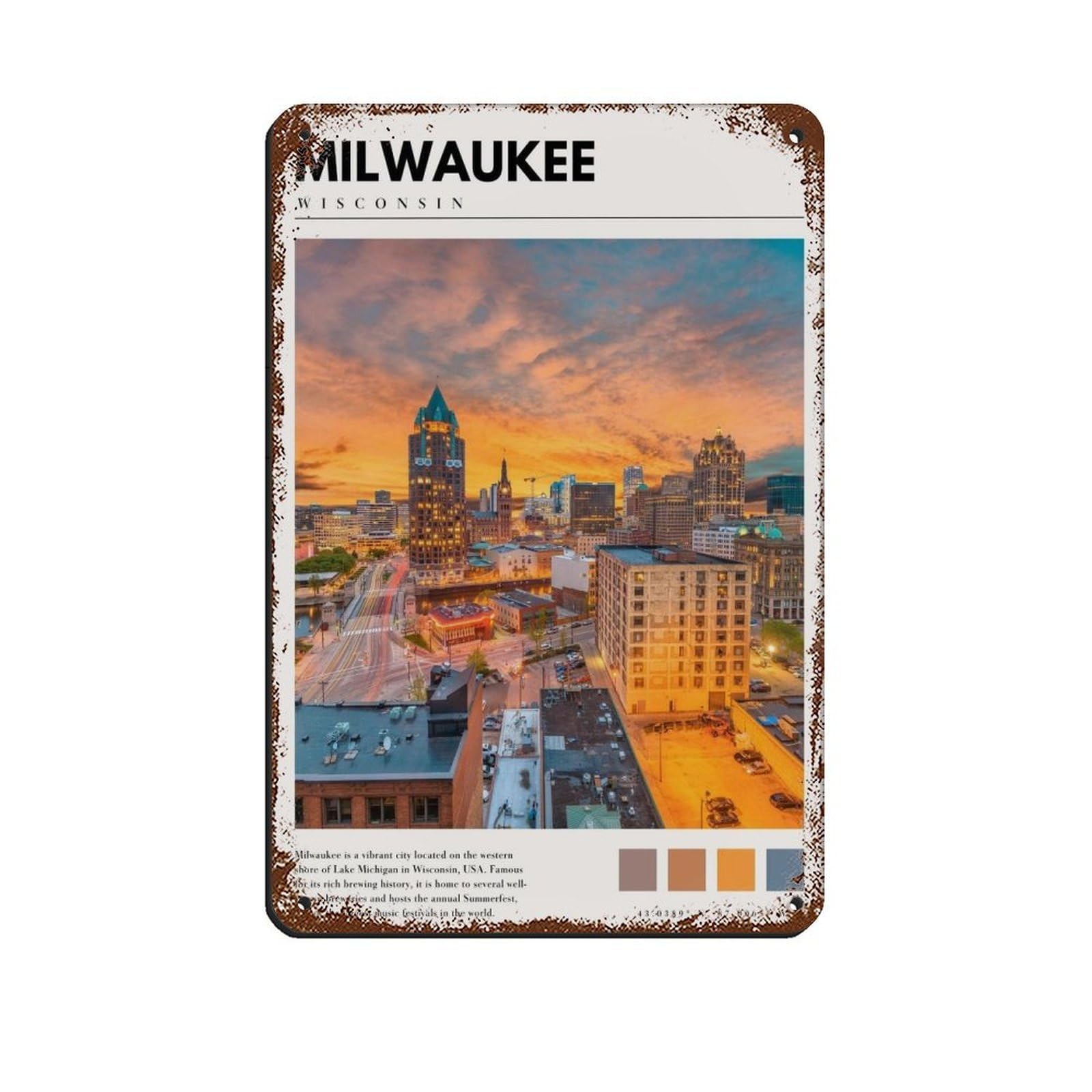 Milwaukee Poster Milwaukee Wisconsin Art Tin Sign Vintage Metal Pub Club Cafe Bar Home Wall Art Decoration Poster Retro 8x12inch(20x30cm)