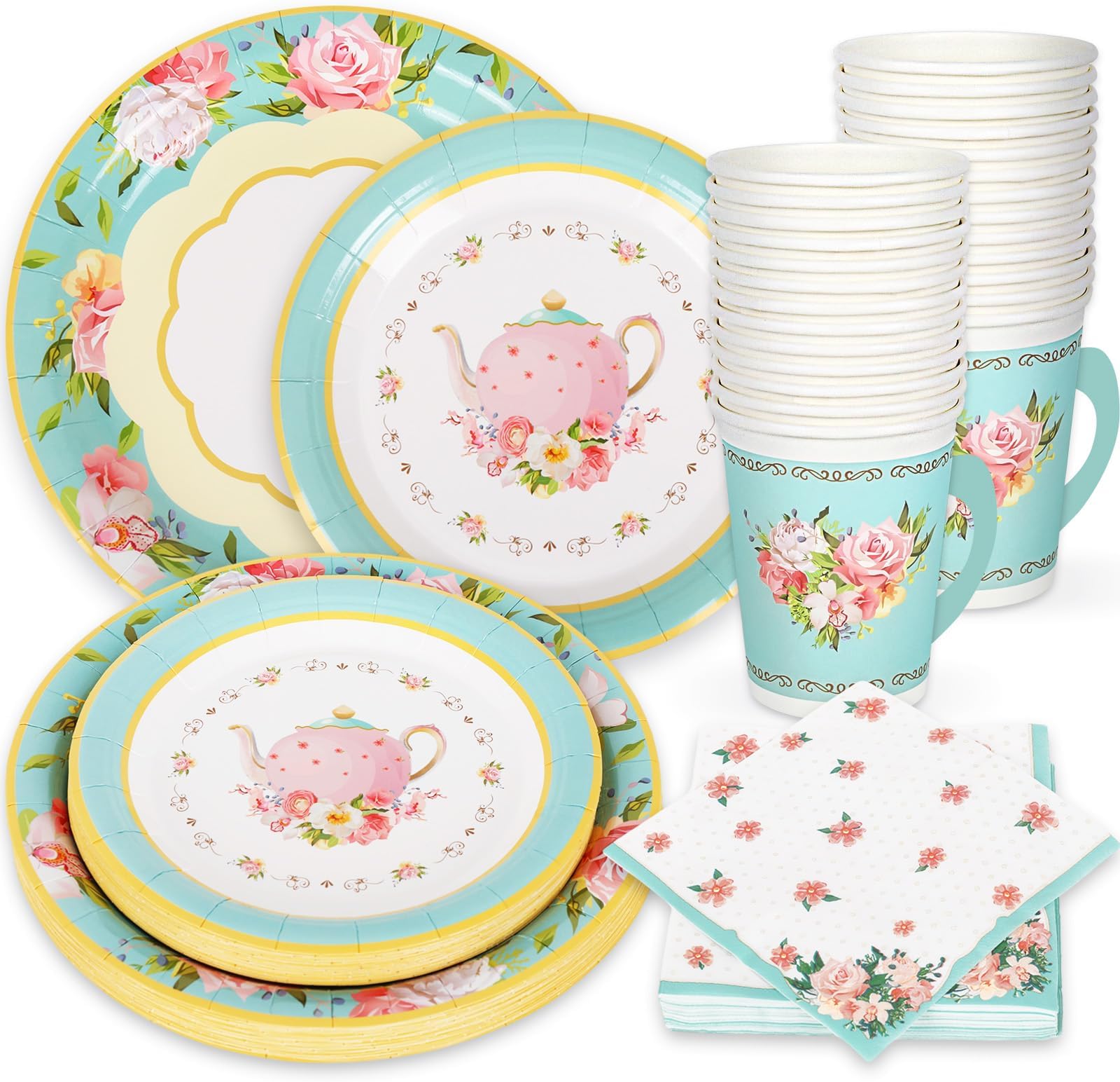 Tea Party Tableware Supplies Serves 24 Floral Tea Party Disposable Paper Dinnerware 24 9" Plates 24 7" Saucer Plate 24 9oz Tea Cups with Handle 48 Luncheon Napkins for Birthday Bridal Shower