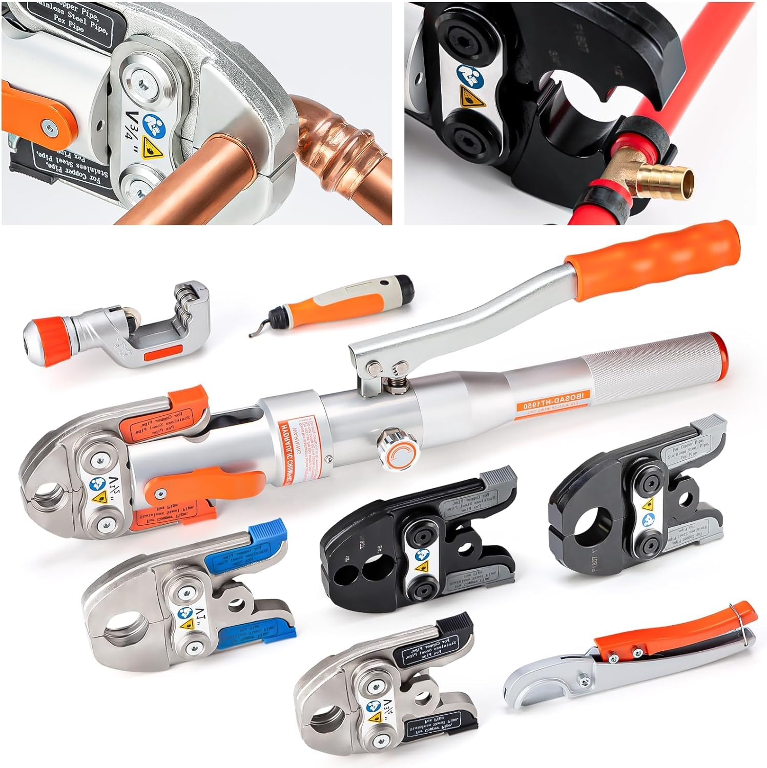 IBOSAD Copper Tube Fittings Hydraulic Pipe Crimping Tool with 1/2",3/4",1" Jaw for Copper Pipe and 1/2"&3/4",1" Jaw for ASTM F1807 Pex Pipe Copper