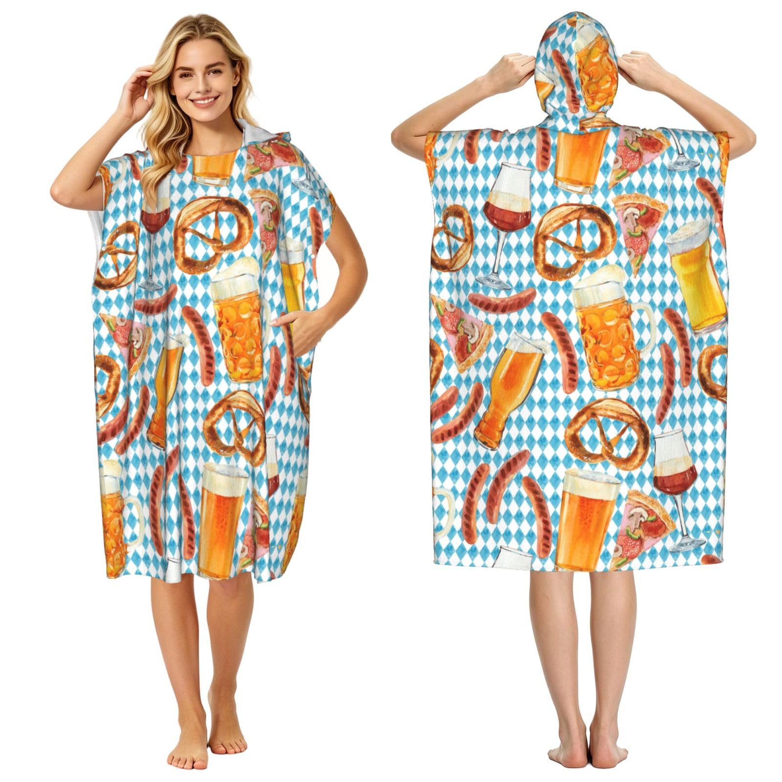 Poadnly Sausage Bread Pizza Pattern, Adult Hooded Beach Towel 90 x 110 cm,Changing Bath Robe, Surf Poncho Towel For Women Men