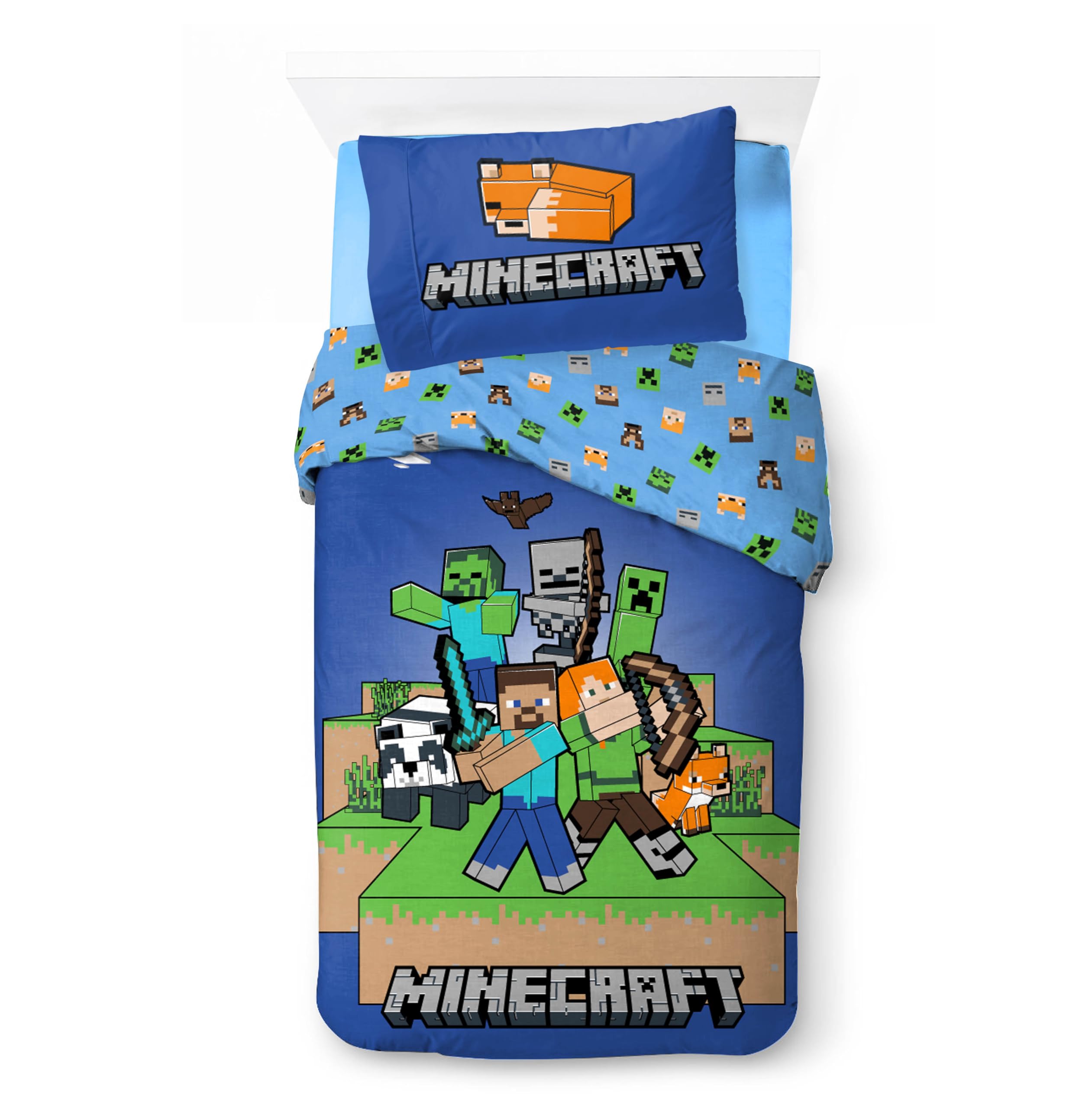 BrandMac Minecraft Bedlinen Single Size | Duvet Cover 140x200 cm + Pillowcase 60x65 cm, 100% Cotton | Soft, Breathable & Reversible Bedding Set for Kids | Minecraft ''Ready to Survive'' Design