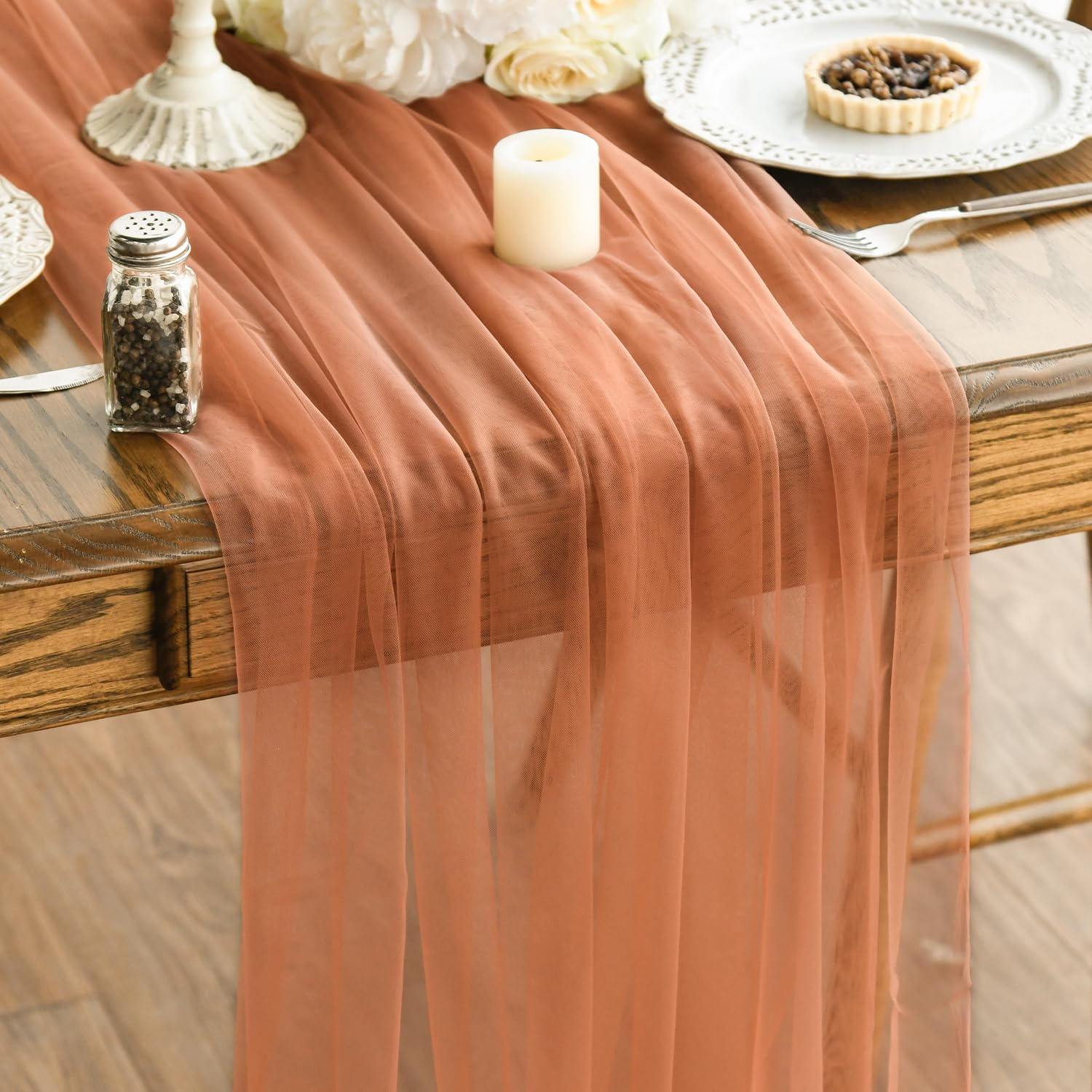 Photo 1 of Artoid Mode 3PCS Terracotta Gauze Table Runner 120 Inch 10FT, Seasonal Sheer Kitchen Dining Holiday Wedding Birthday Baby Shower Table Decor for Home Party