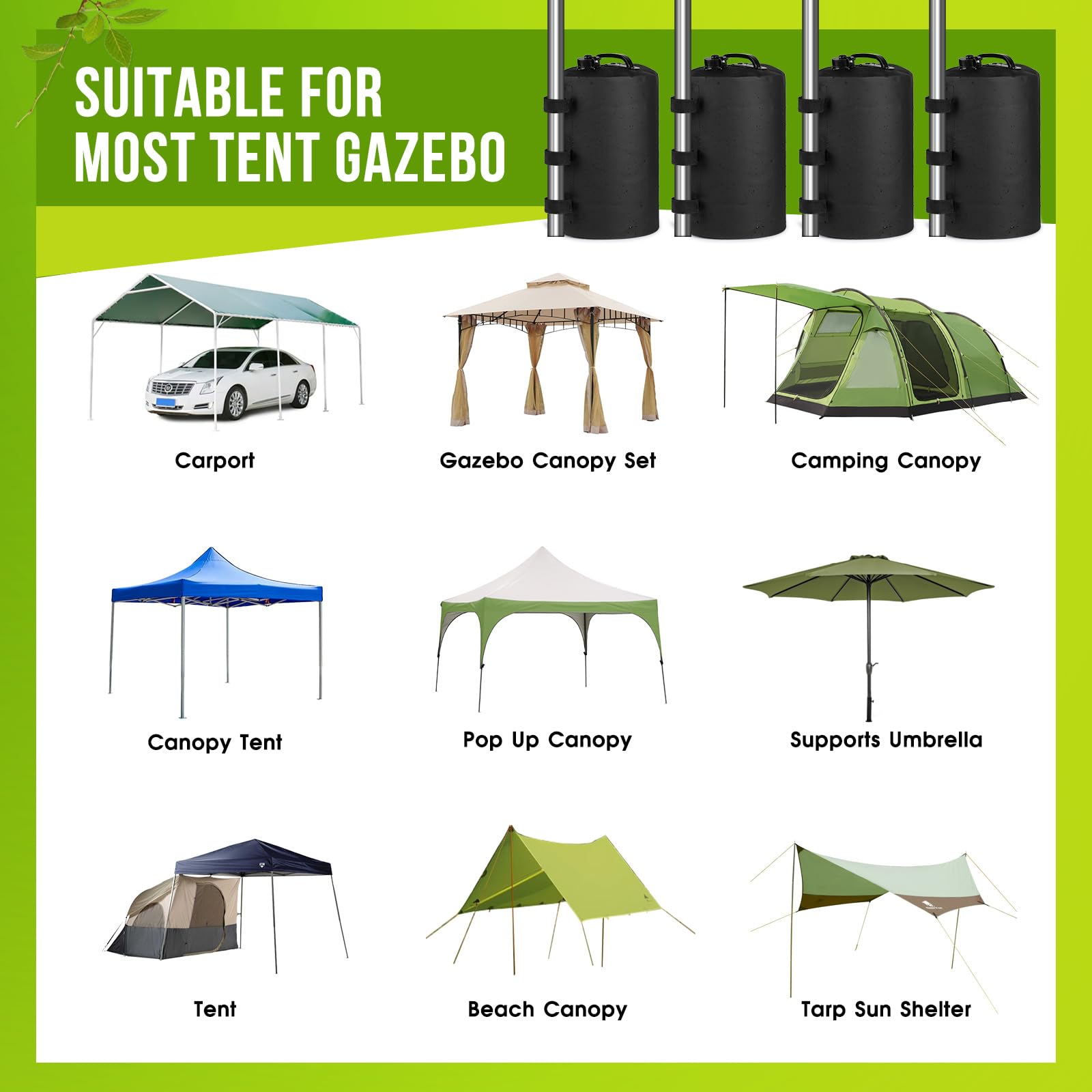 SWAWIS 4er Set Pavillon Sandsäcke Gewichtstaschen Beingewichte für Pavillonstandfüße 10L Beschwerungssäcke Gewichte mit Wasser Befüllbar für Pavillon Festzelte Gartenzelt, Schwarz