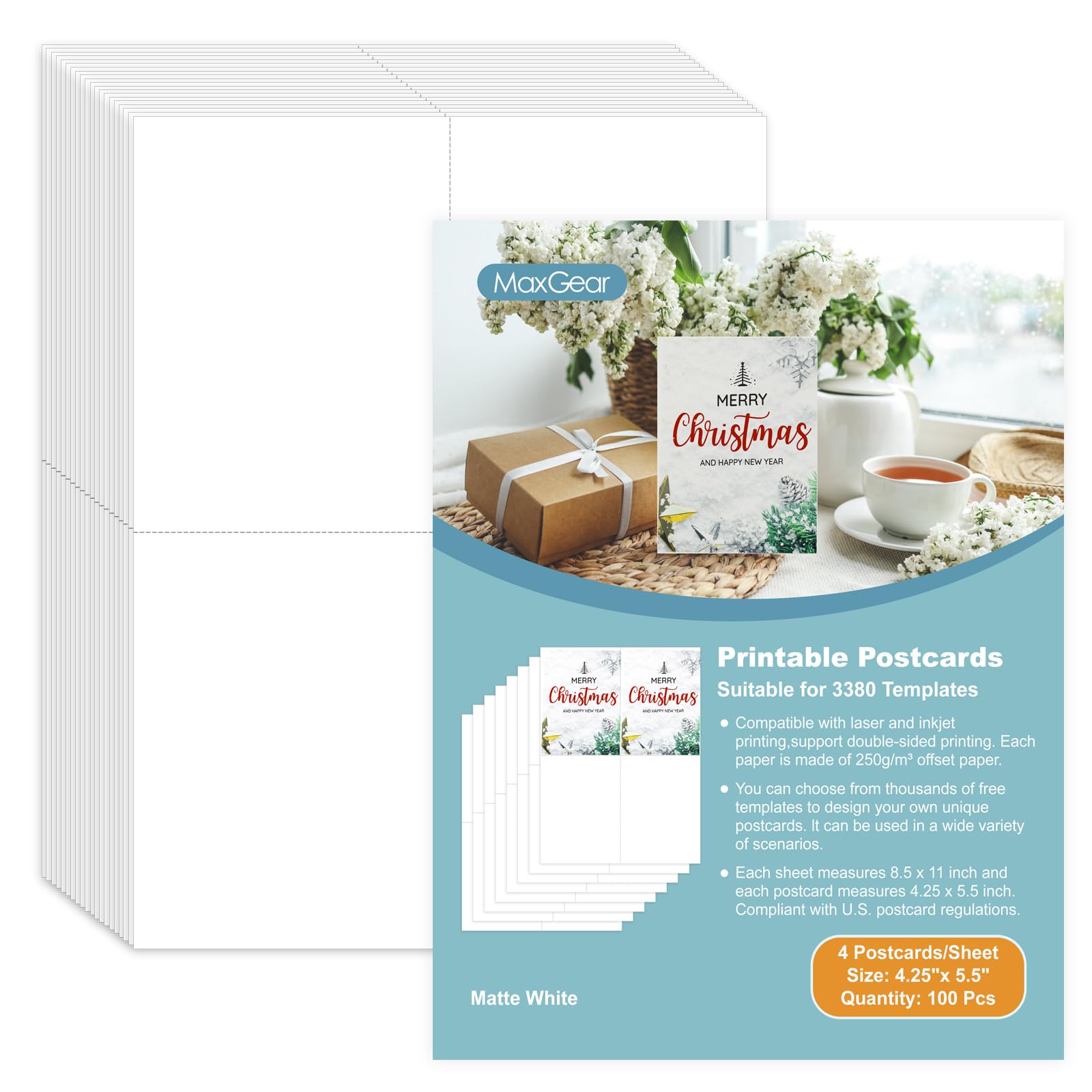 MaxGear Postcards Blank Printable Postcards Paper, Thank You Card for Laser and Inkjet Printer, Heavyweight Perforated Cardstock, 4 Printable Cards/Sheet, 100 Christmas Gift Cards, 4.25" x 5.5" (3380)