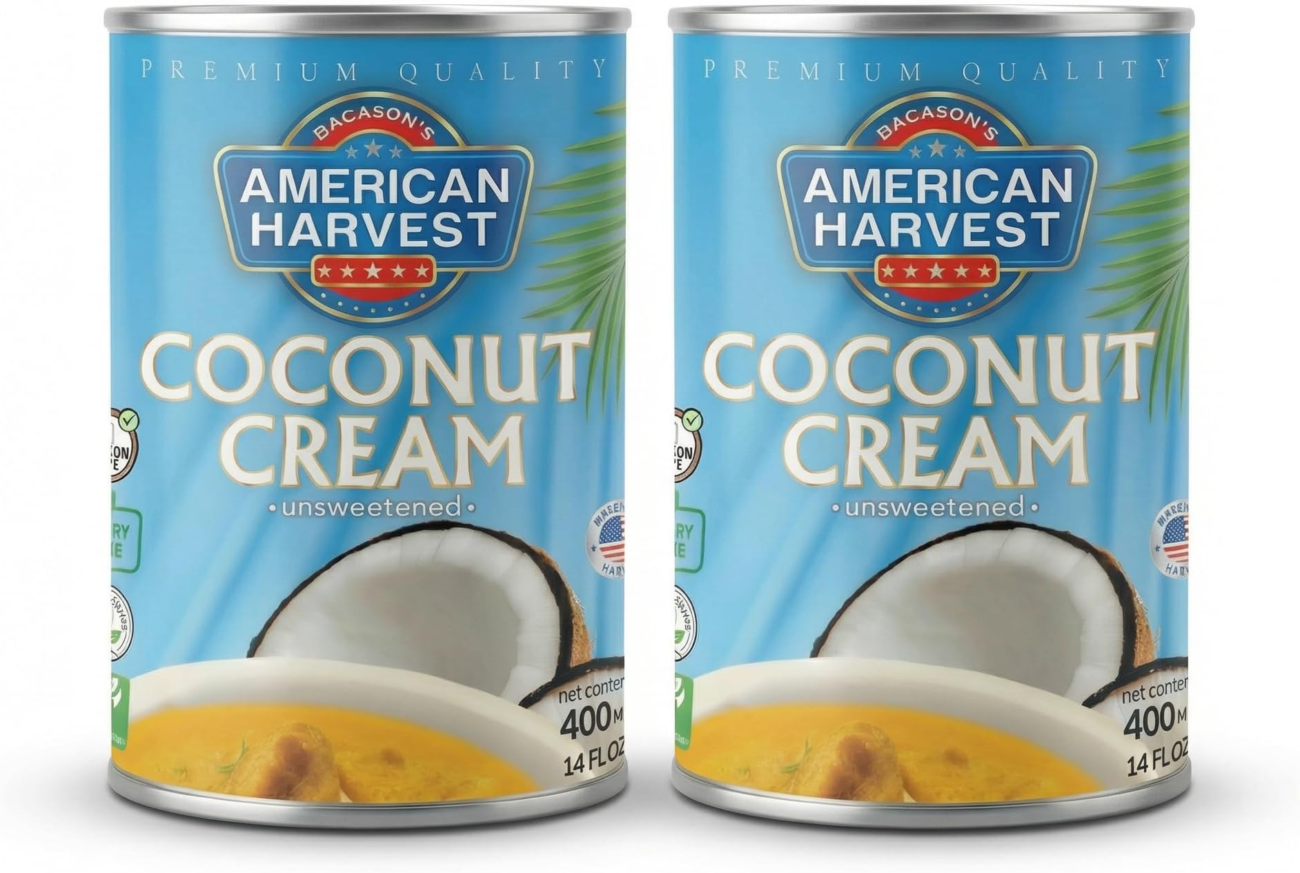 American Harvest Coconut Cream 400ml Pack of 2 | Unsweetened | Product of Thailand