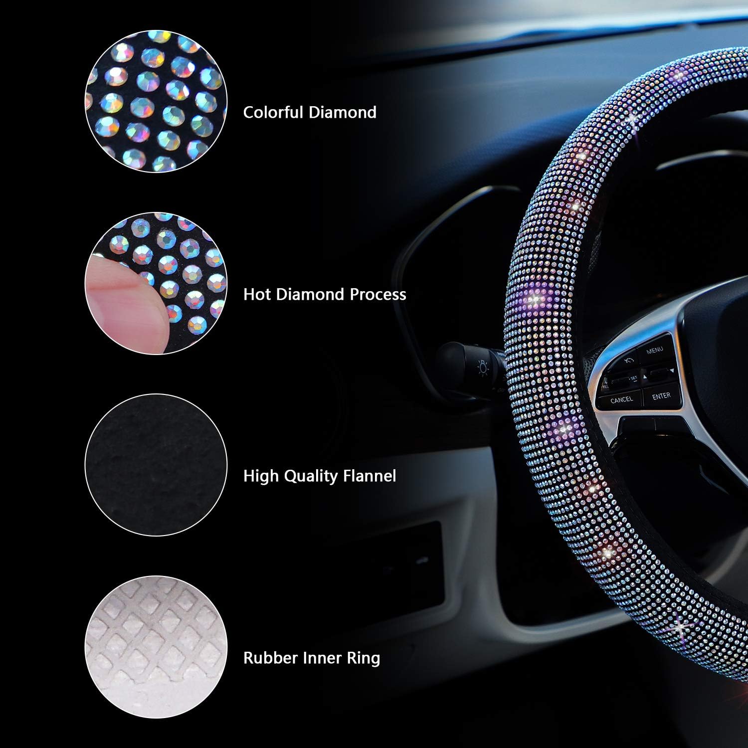 Car Sparkly Colorful Bling Steering Wheel Cover for Women 15.5''-16'' Large image 4
