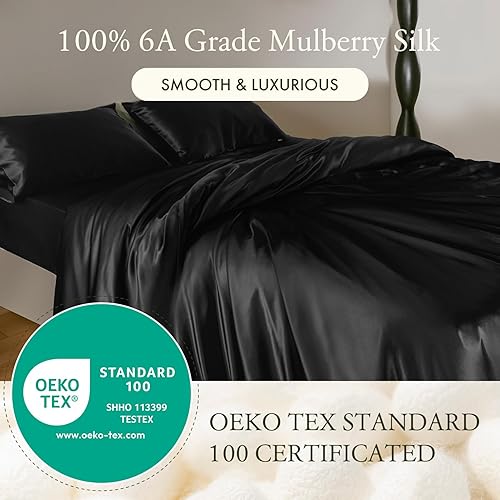 Miniatura 2 de LilySilk Sábanas de seda de morera de 4 piezas, 19 sábanas de seda Momme, 1 sábana encimera, 1 sábana bajera y 2 fundas de almohada de seda Oxford,