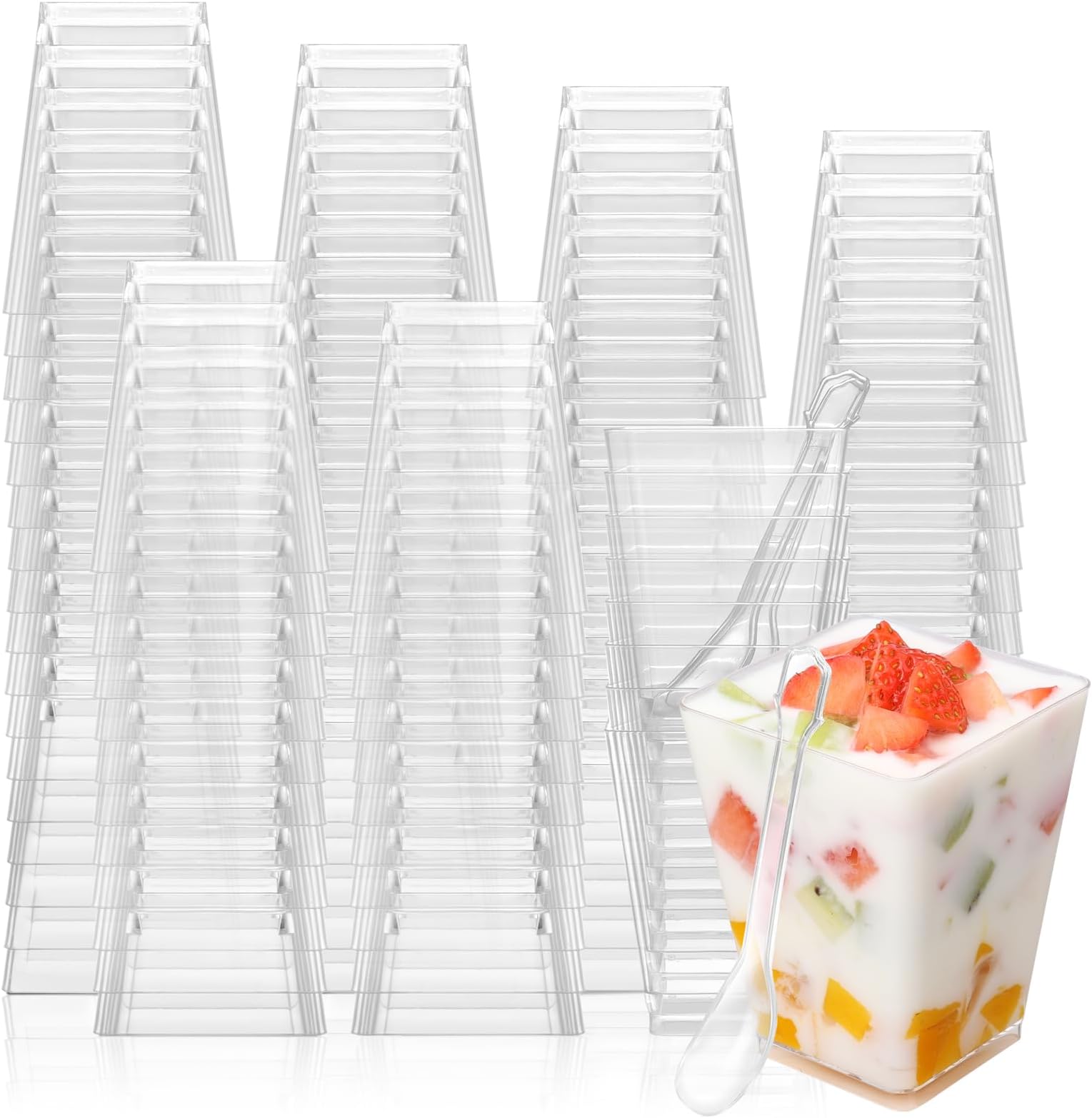 EASERCY200 Pack 5 oz Plastic Square Dessert Cups with Spoons, Yogurt Parfait Cups Appetizer Cups for Party, Mini Dessert Cups with Spoons Dessert Shooter Cups with Spoons for Pudding and Fruit