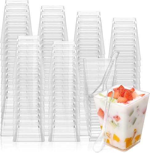 Miniatura 1 de EASERCY Paquete de 200 tazas cuadradas de plástico de 5 onzas con cucharas, tazas de yogur para parfait para fiesta, mini tazas de postre con