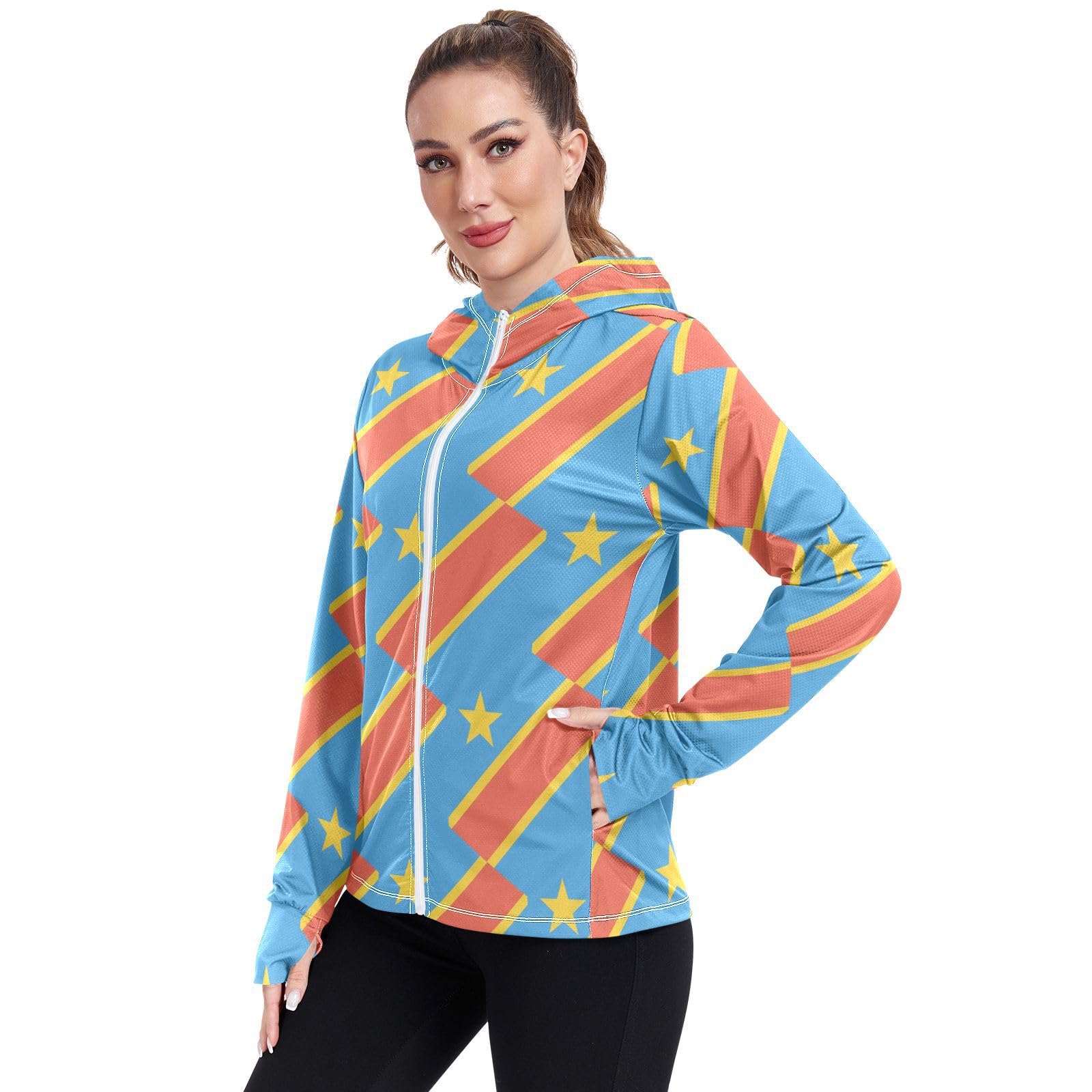 Congo Kinshasa Flag Women's UPF 50+ Sun Protection Hoodie Jacket Lightweight Long Sleeve Sun Shirt with Pocket Multicoloured