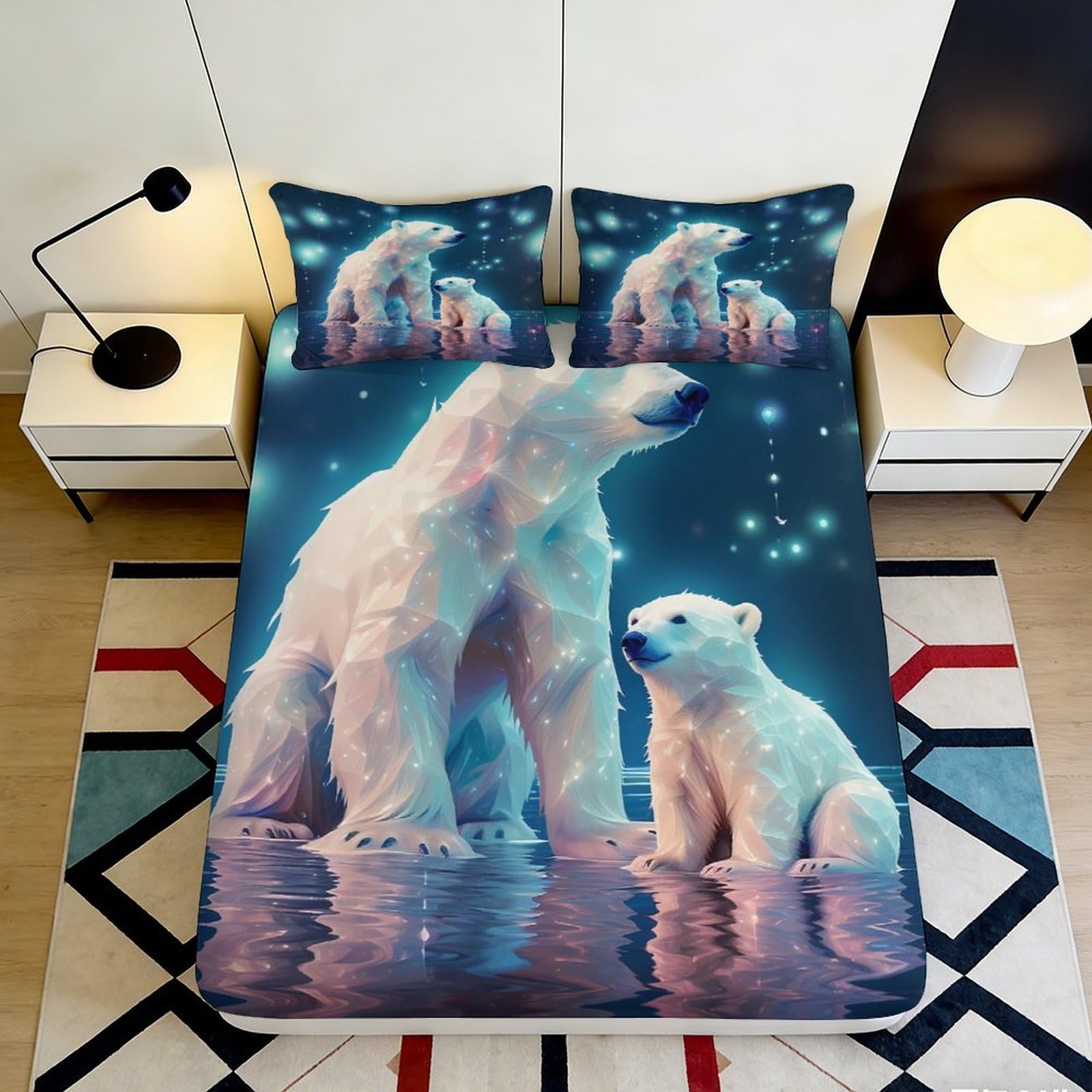 3D Printed Polar Bear Fitted Sheet Microfiber Soft Breathable Starry Night Bed Sheet for Bedroom Dormitory Guest Room Mattress Protection Decor 160x200x25cm