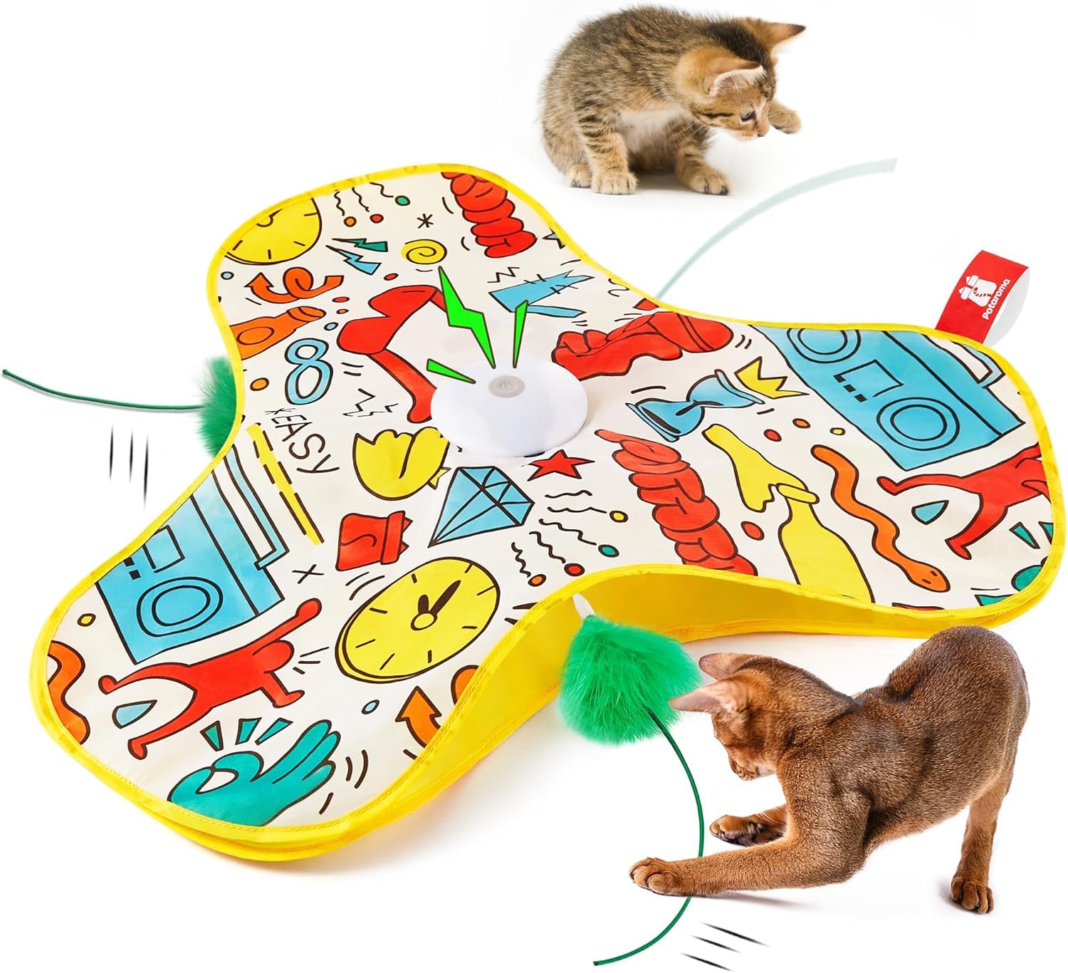 Potaroma Giochi per Gatti Interattivi Ricaricabili – Giocattolo con Piume Nascoste in Movimento, Suono Realistico di Topo, Attivazione al Tocco, per Gattini e Gatti Adulti da Interno Cover Graffiti