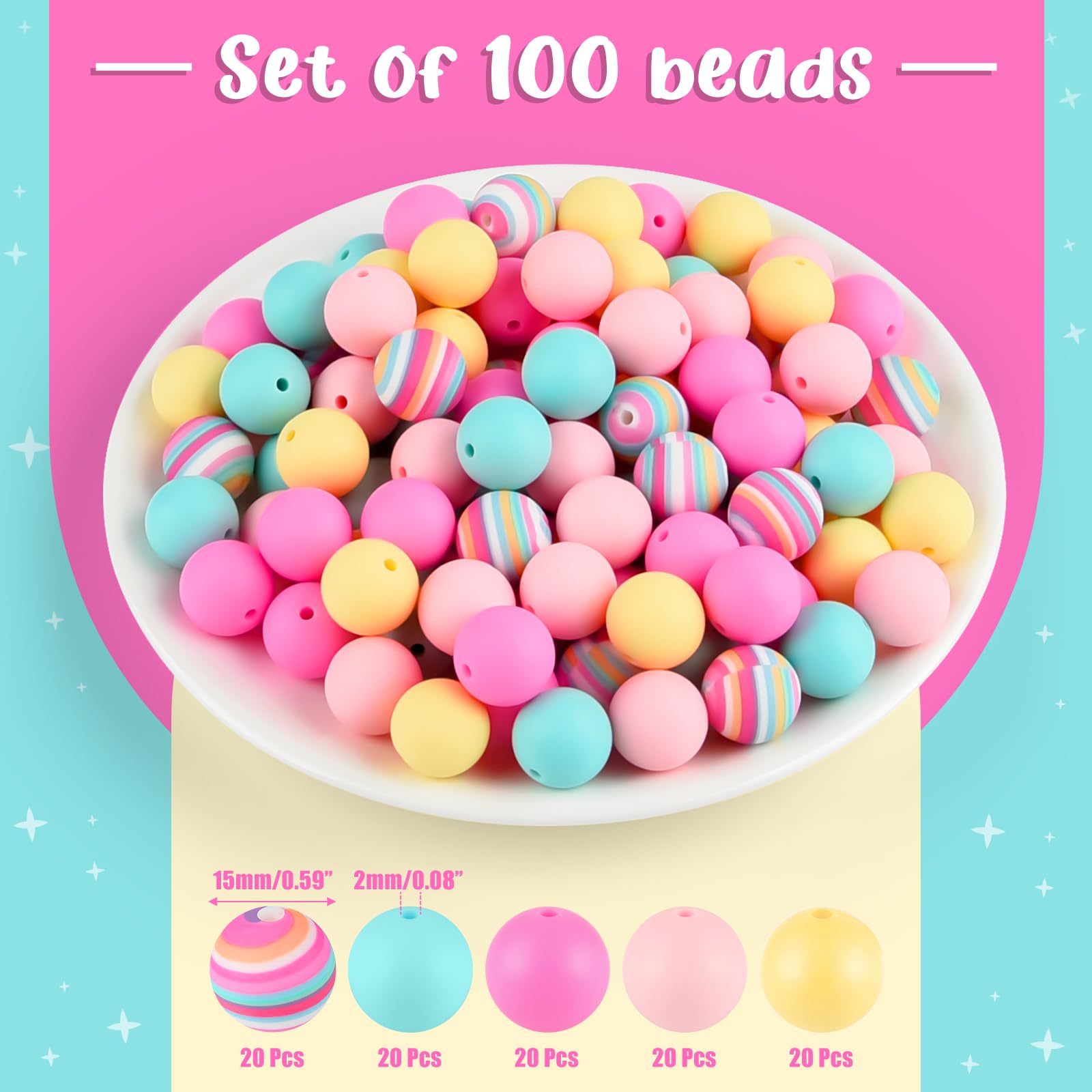 ASTARON 100 Pcs 15mm Silicone Beads for Keychain Making Rainbow Round Beads Bulk for Bracelets Crafts Beadable Pens Decorations Jewelry Making Supplies - Image 2