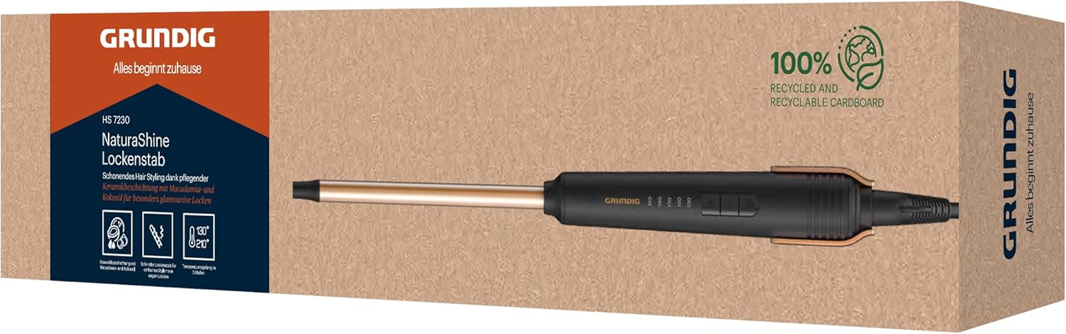 GRUNDIG NaturaShine HS 7230 Krultang, haarstyler, diameter 10 mm, keramische coating met macadamia- en kokosolie, 5 standen, van 130 °C tot 210 °C, snelle opwarmtijd, zwart/roségoud