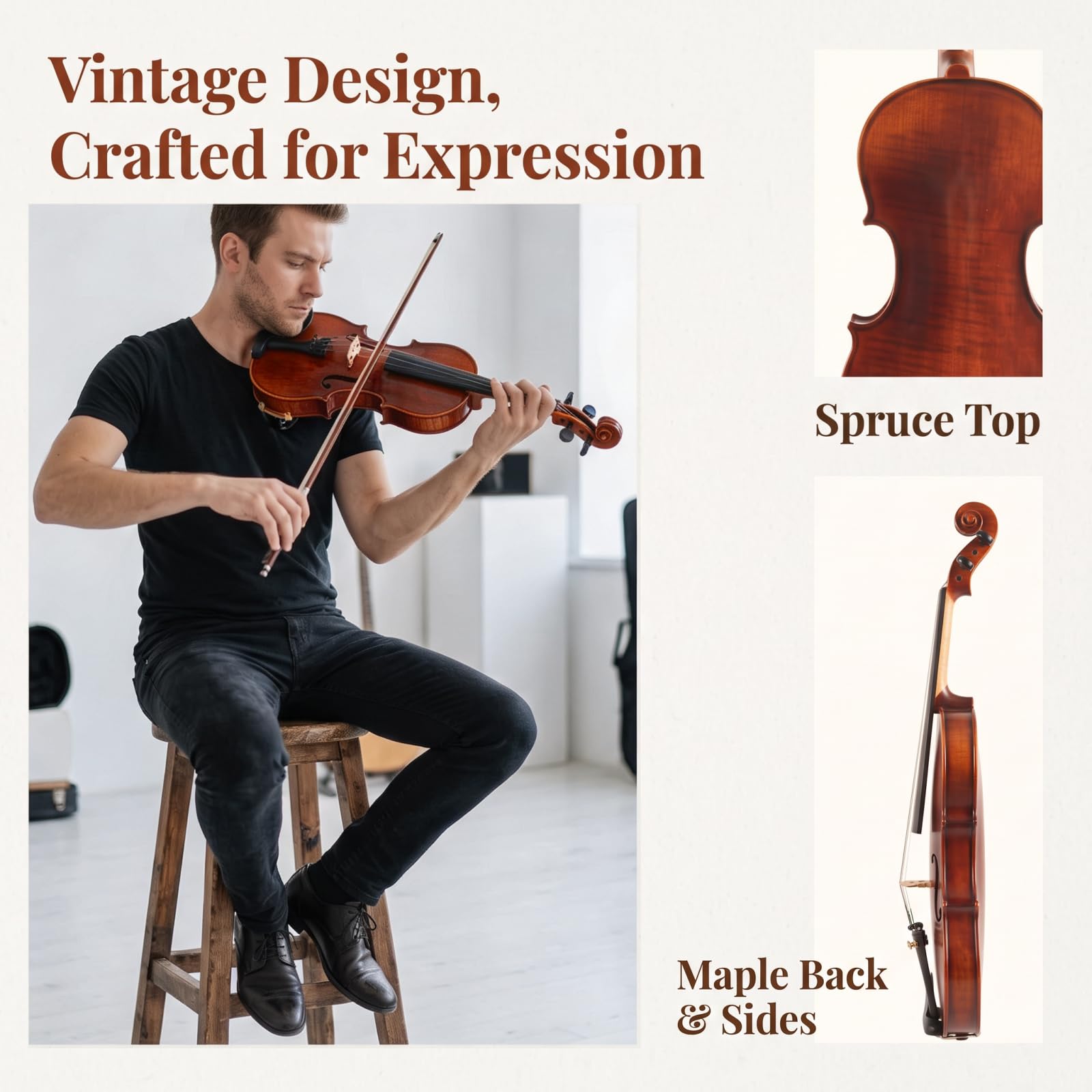 Violín para principiantes, kit de iniciación de violín acústico de tamaño completo 4/4, instrumento musical de cuerda con funda, 2 arcos de violín, 2 puentes, cuerdas, colofonia, paño de