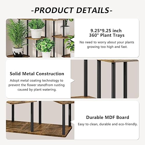Miniatura 5 de Soporte alto de madera para plantas de 9 niveles, estante de metal para interiores, múltiples estantes para macetas, estante de esquina, estante de
