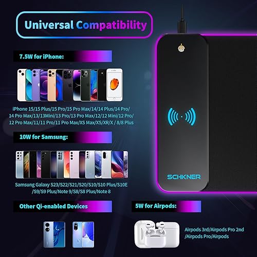 Miniatura 5 de Schkner Alfombrilla de mouse RGB para juegos con carga inalámbrica, alfombrilla de mouse grande con luz LED, almohadilla de teclado con base de goma