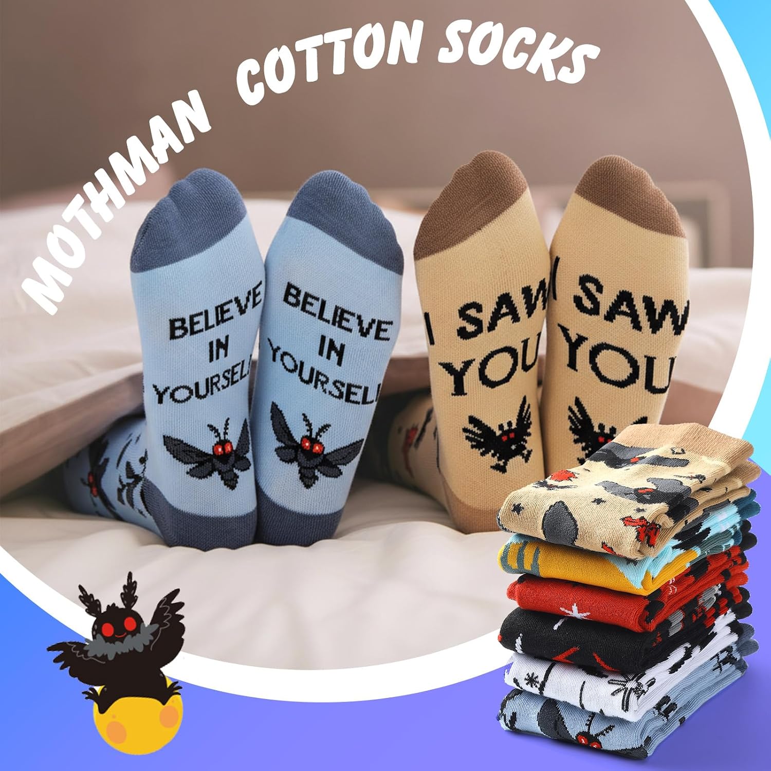 Janmercy 6 Pairs Mothman Socks Mothman Gifts for Adult Women Men Funny Novelty Crew Socks Mid-calf Cotton Sock for Family Friends Father