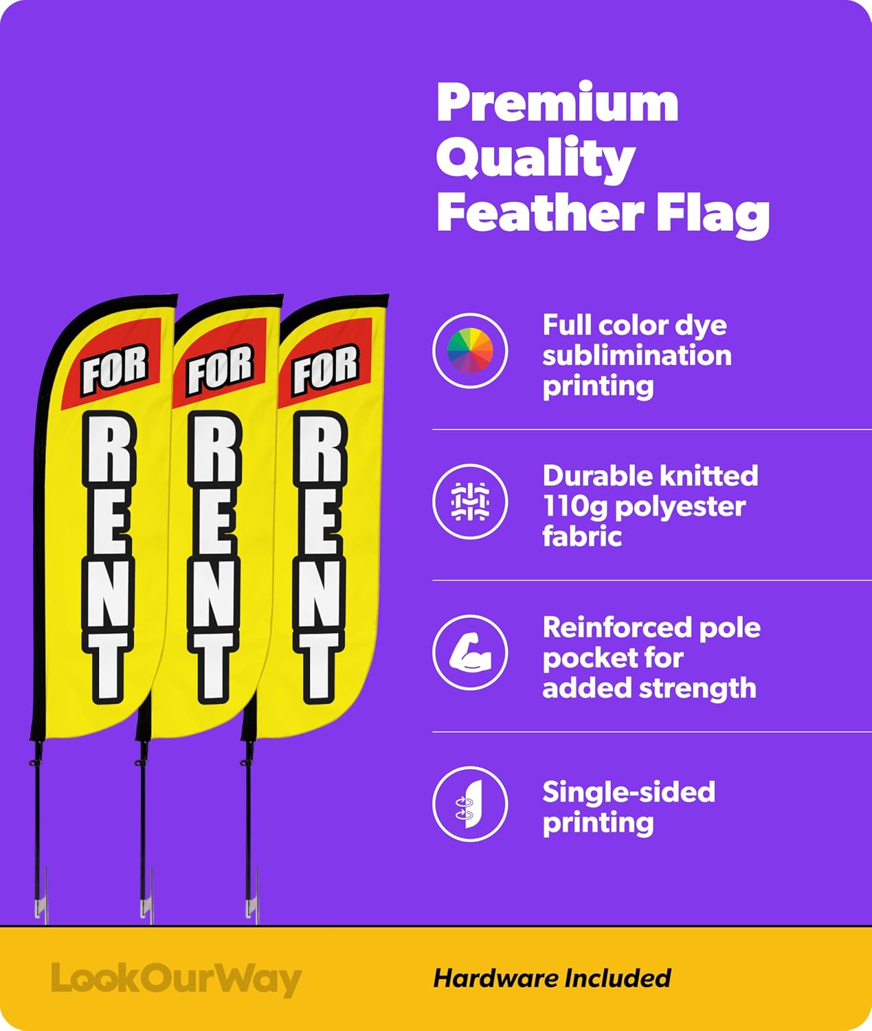 LookOurWay Real Estate Themed Feather Flag Pole Kit 3 Pack - 5 Feet Tall For Rent Advertising Flags with 3 Banners, 3 Pole Sets, and 3 Ground Spikes (For Rent 10M500007)