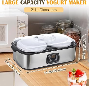 2L Probiotic Yogurt Maker, Yogurt Maker with 2 Glass Jars - Adjustable Time & Temp Control, Yo-gurt Maker for Homemade Probiotic Yogurt for Homemade Dessert,Jam Ice Cream Machine