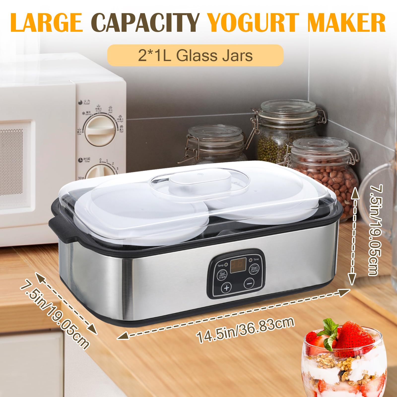 Máquina de yogur probiótico de 2 litros, máquina de yogur con 2 tarros de vidrio, control de tiempo y temperatura ajustable, fabricante de yo-gurt para yogur probiótico casero para postre casero