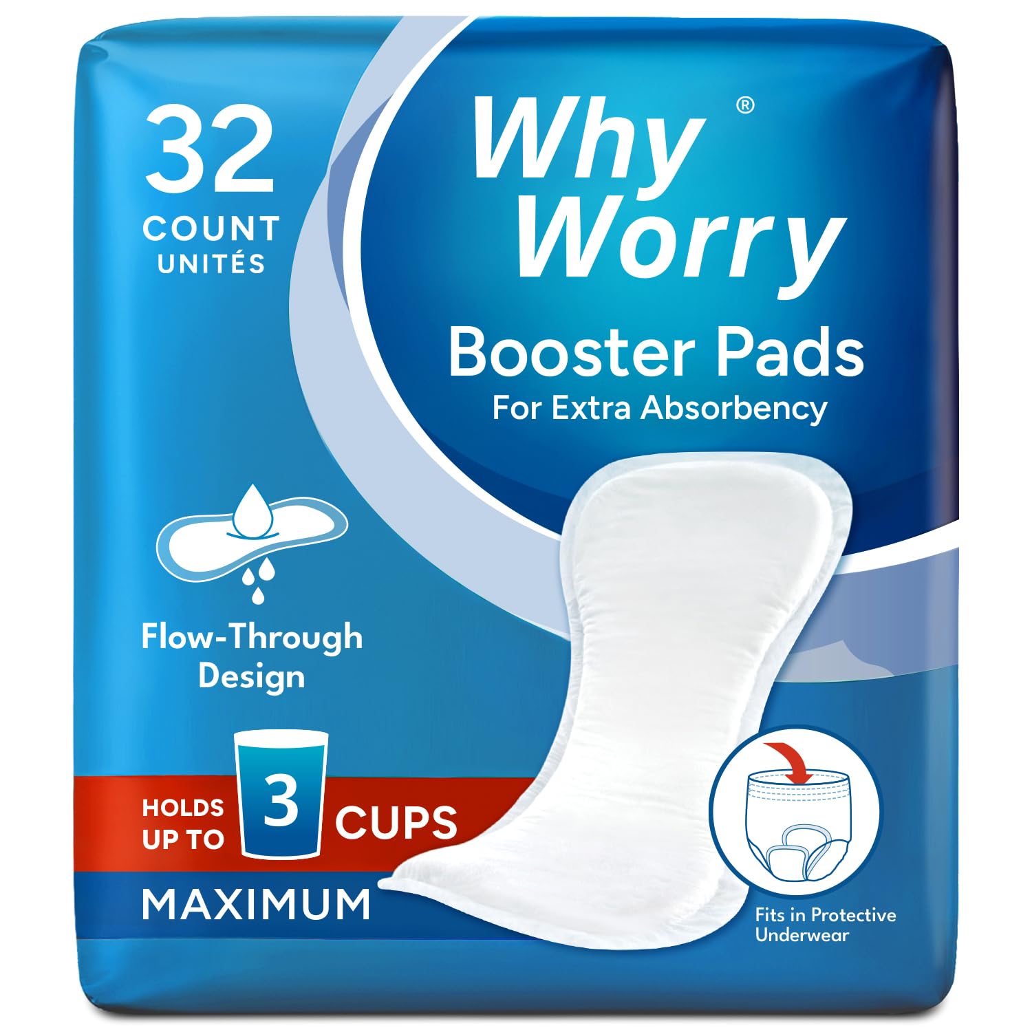 WhyWorry Booster Pads with Maximum Absorbency, 32 Count