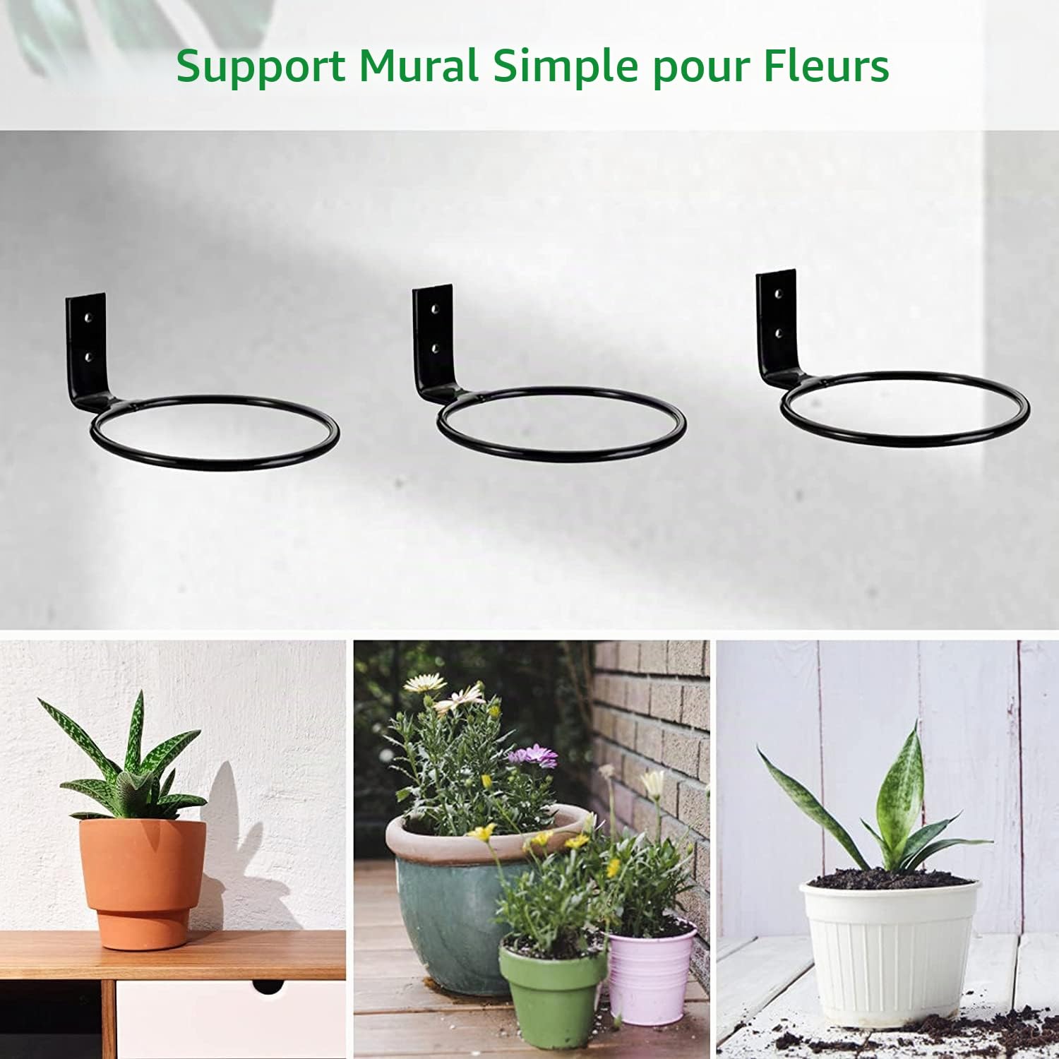 Lot de 6 supports muraux de 18 cm pour pot de fleurs - Support mural pliable - En métal - Pour la maison, le jardin, le balcon - Noir