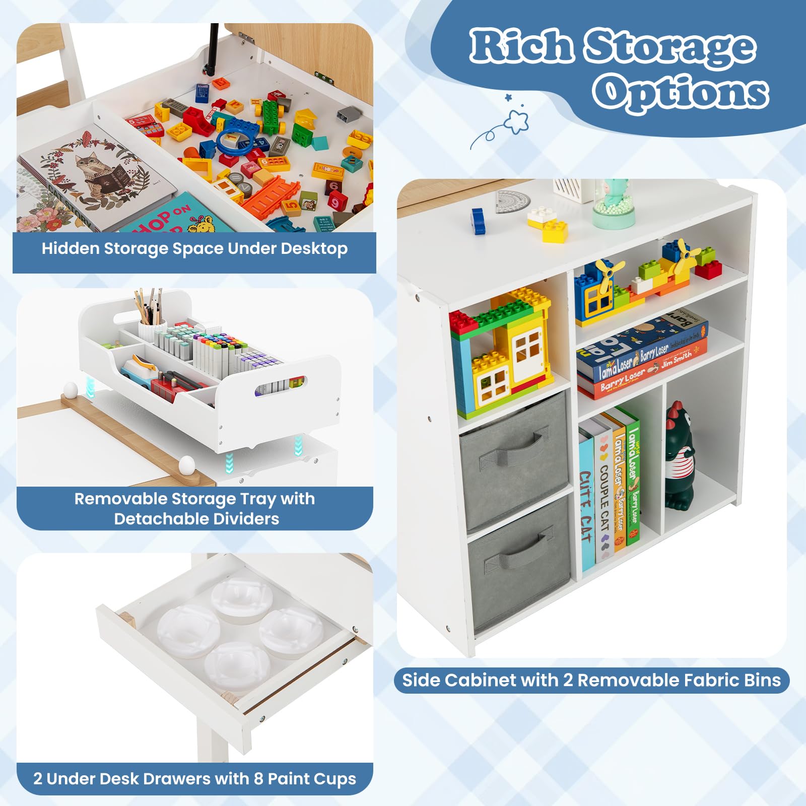GOPLUS Mesa de Arte 2 en 1 con 2 Sillas, Juego de Sillas para Niños con Tablero de Mesa Plegable, Portarrollos de Papel, Barras de Presión y Estantes, Juego de Muebles Infantil (Natural)
