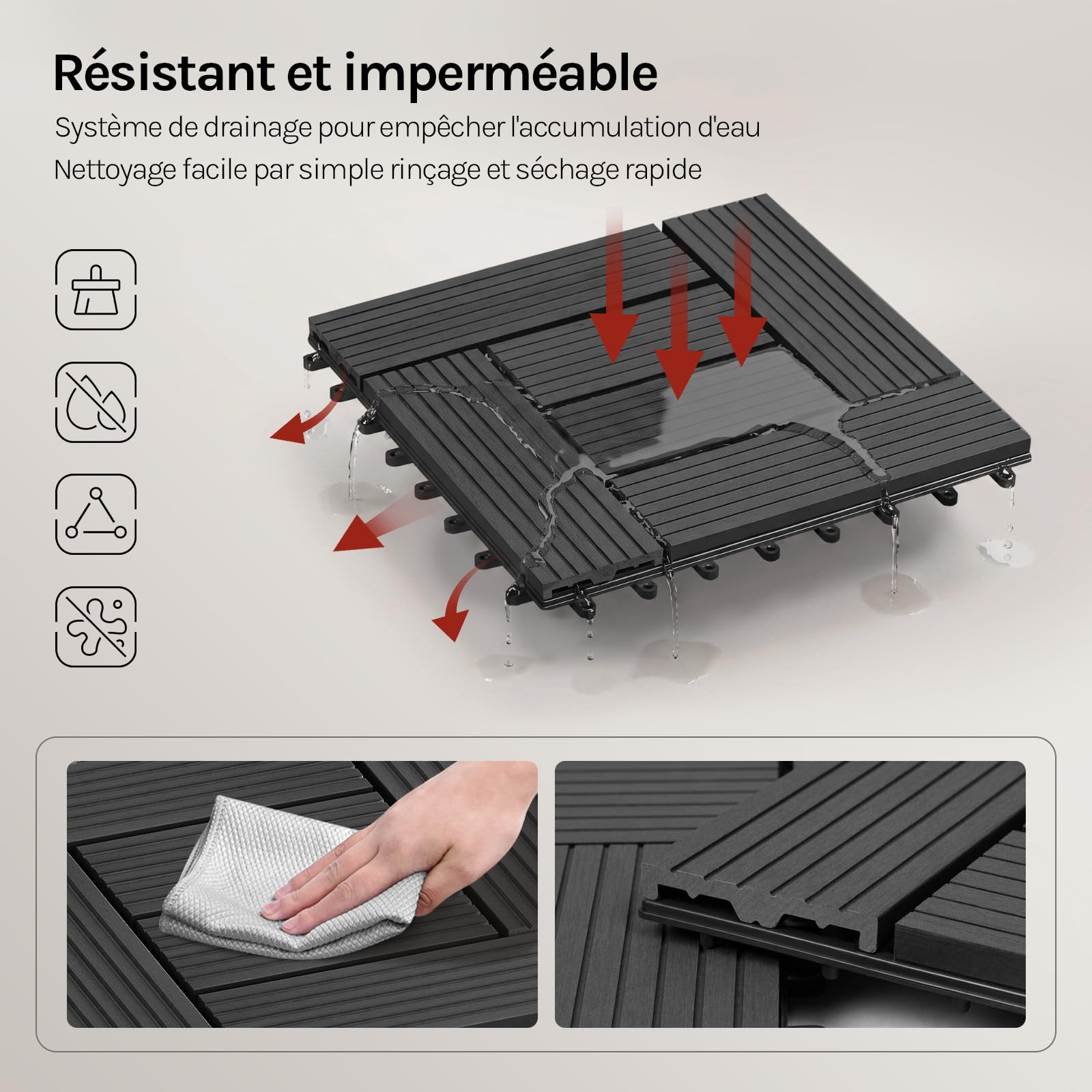 WOLTU 22 pièces Carrelage de sol Dalle WPC 30x30cm pour jardin terrasse extèrieur fixation plug-in, Anthracite 2 m²