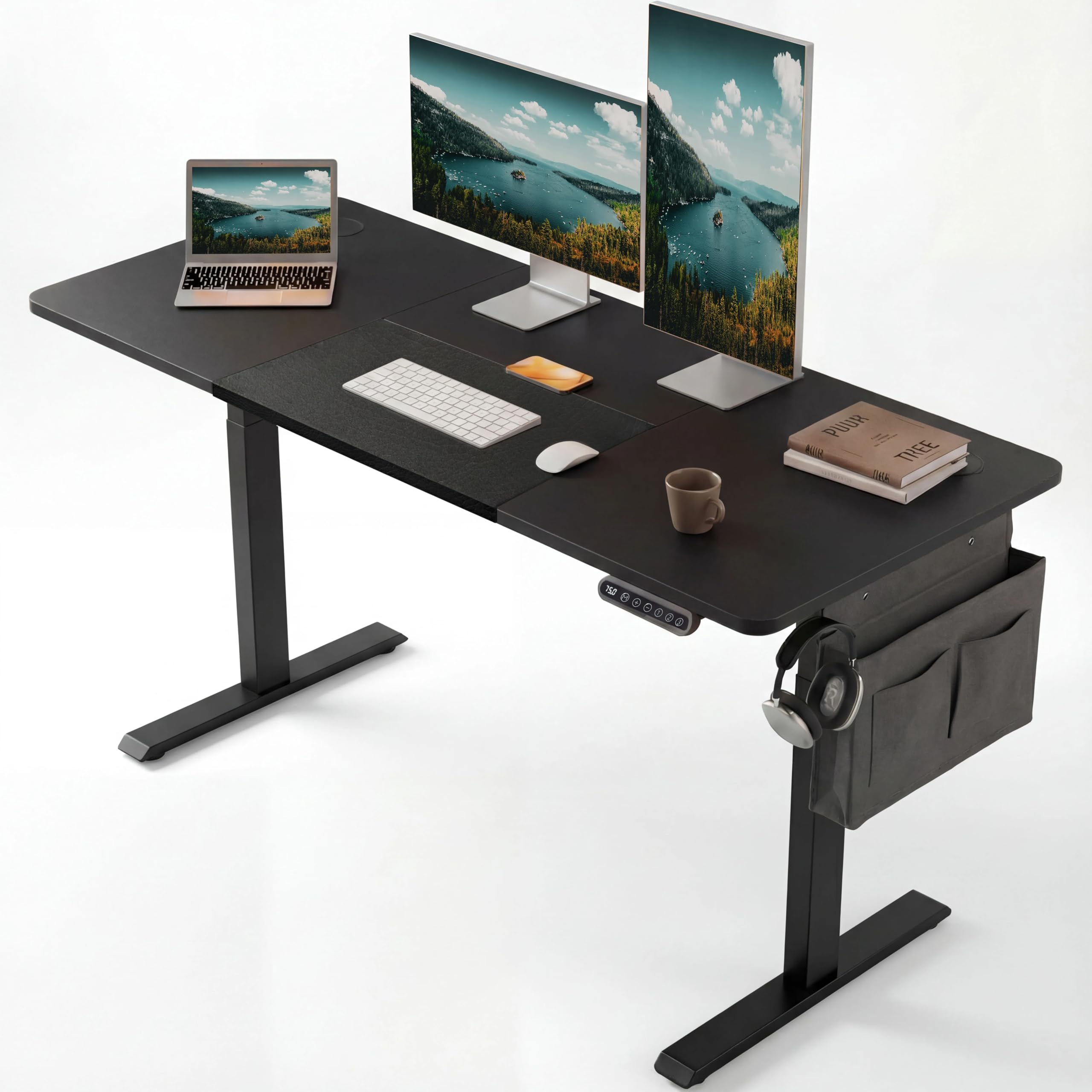 Electric Standing Desk, Adjustable Height 160 × 70cm, Sit Stand Desk with Memory Smart Panel, Large PC Study Metal Frame Table with Backpack Hook & Storage Pocket Home Office Furniture_Black