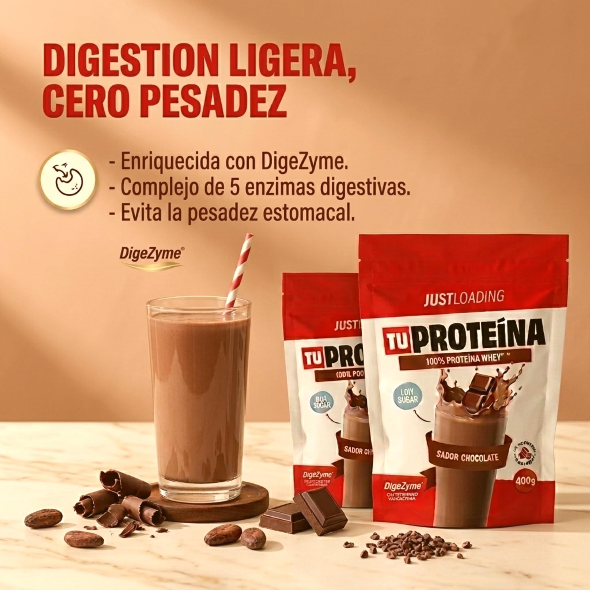 JustLoading Proteína Whey Chocolate 22,5g | DigeZyme | Rendimiento | 2x400g