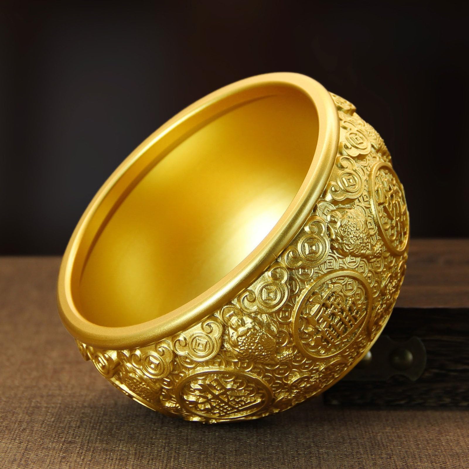 Miska na skarby Feng Shui ze złotego mosiądzu - ręcznie robiony symbol bogactwa i obfitości, elegancki metalowy wystrój na biurko w domu Medytacja Ołtarz centralny,9CM