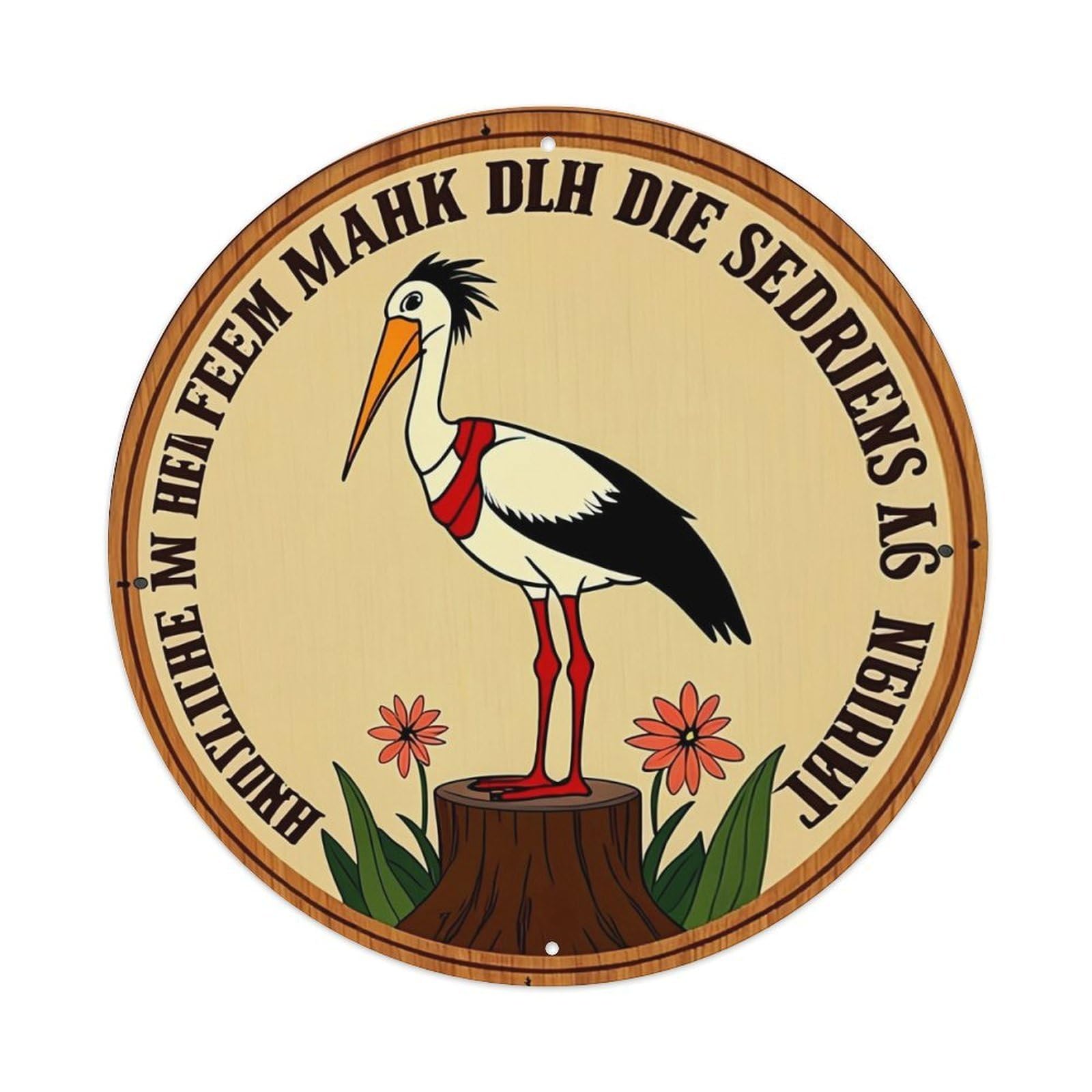 Stork Standing On Stump With Flowers Vintage Round Tin Sign Retro Metal Wall Decor Metal Poster, Home Bar Garage Cafe Wall Art Decoration 8x8Inches