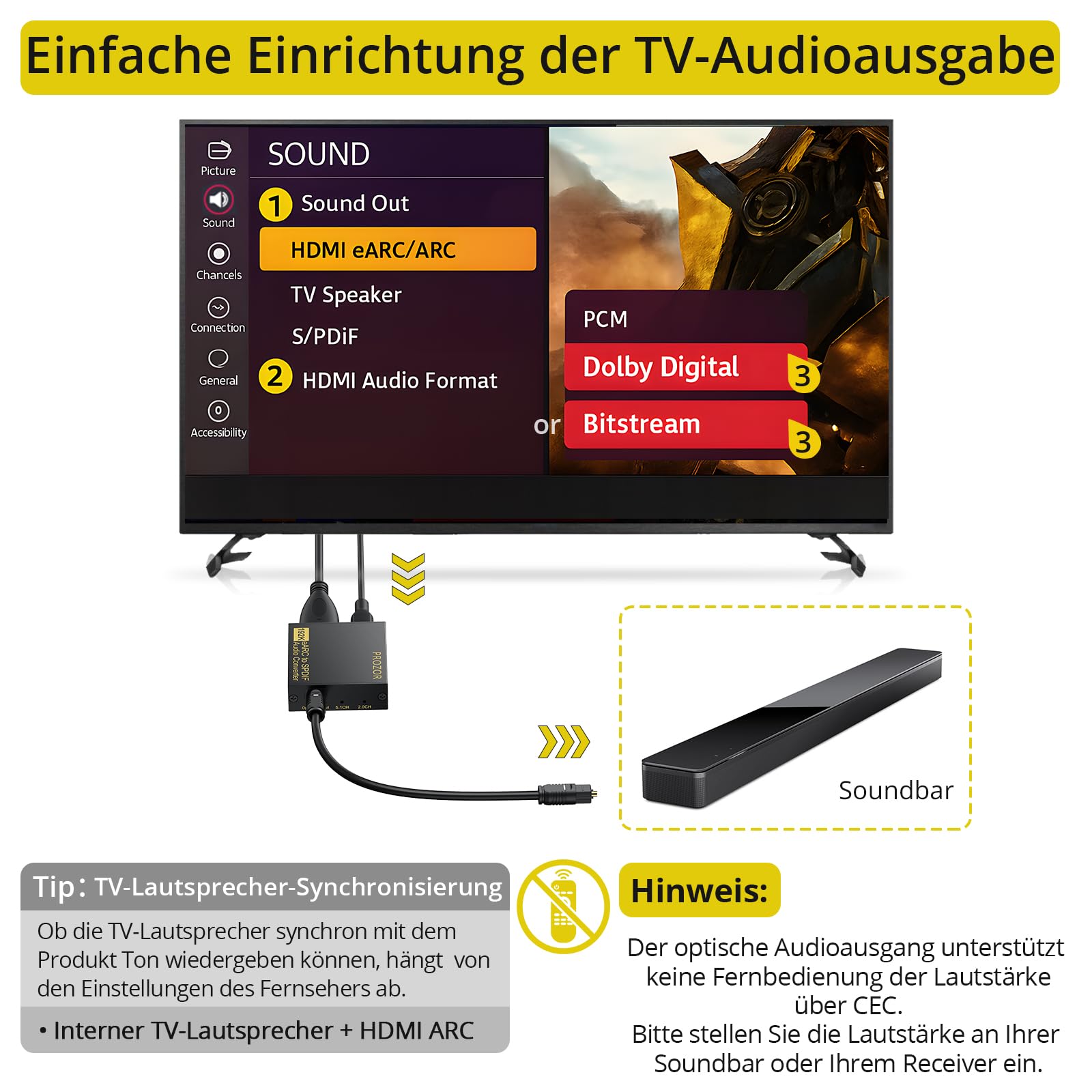 PROZOR eARC Audio Extractor HDMI eARC/ARC zu Optischer Audio-Konverter für Soundbars, HDTV, kabellose Kopfhörer, Heimkinosysteme, unterstützt 192KHz/24bit, PCM, Dolby, DTS 5.1 kompatibel