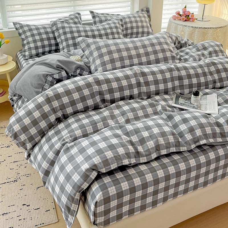 Housse de couette à carreaux gris et blanc parure de lit géométrique douce