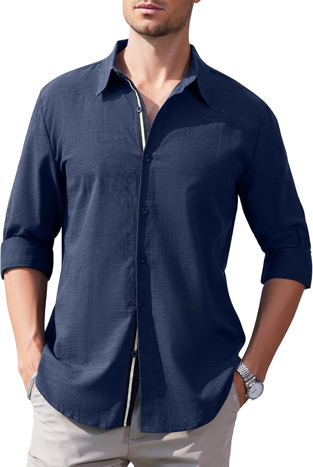 Kissonic Mens Casual Button Down Shirt Long Sleeve Untucked Denim Textured Dress Shirt