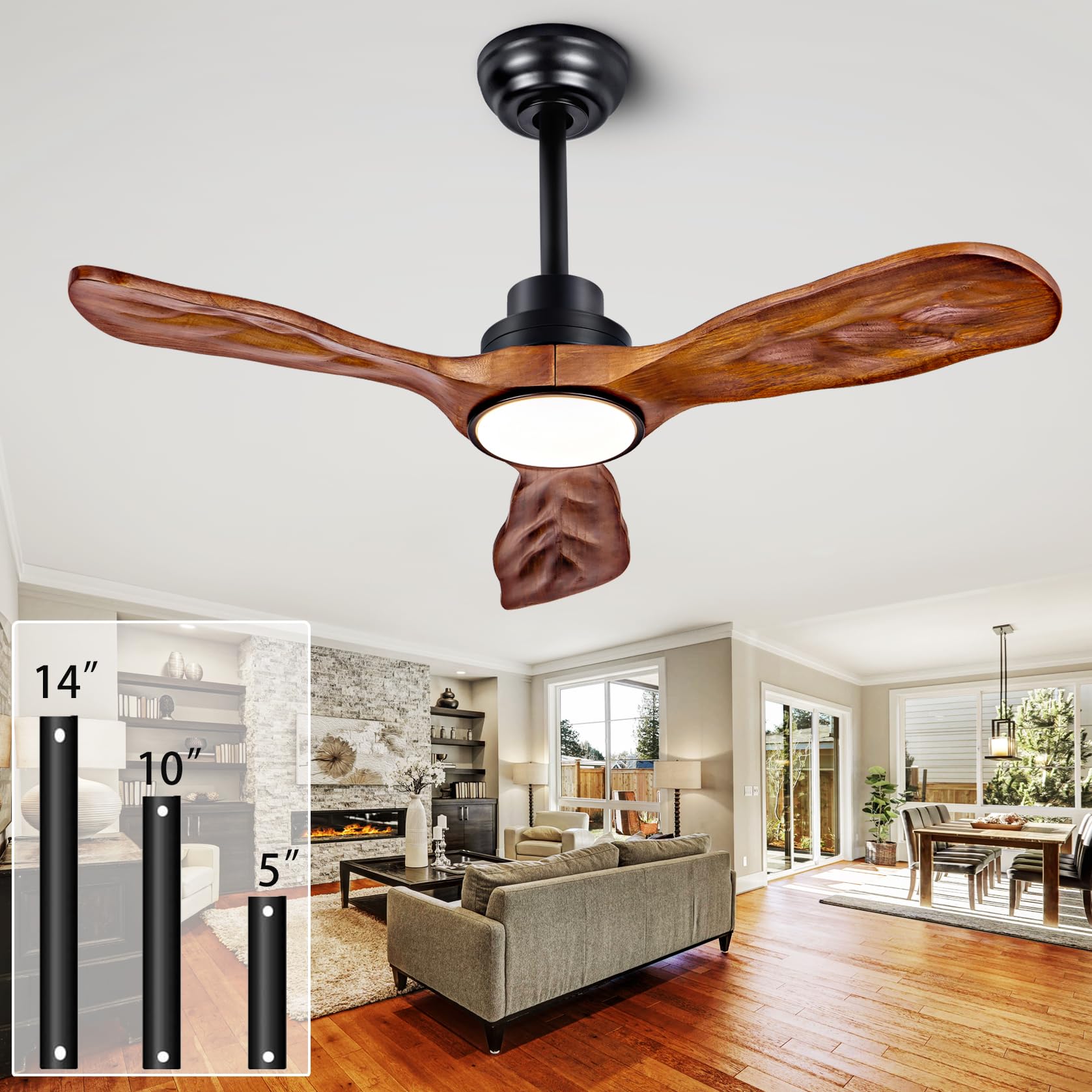 42” ceiling fan with lights and remote control ceiling fan, wooden ceiling fan with lights silent reversible dc motor with 3 blades for farmhouse, living room, bedroom, office. (black + walnut)