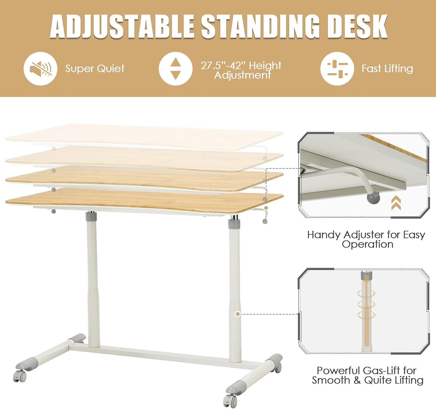 DORTALA Ergonomic Sit Stand Desk, Pneumatic Height Adjustable Desk on Wheels, Mobile Bedside Computer Desk, w/Lockable Casters, Sturdy Steel Frame, for Living Room Bedroom Office, Natural