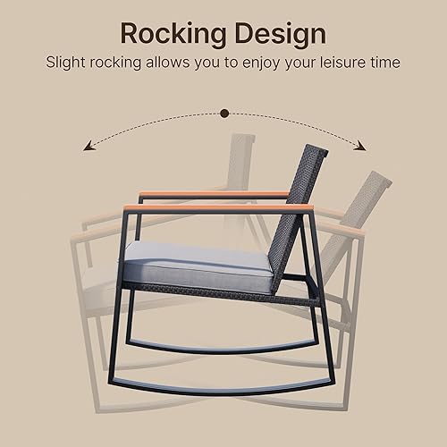 Miniatura 5 de Gizoon 3 Pieces Rocking Patio Bistro Set with Anti-Scald Armrest, Outdoor Patio Wicker Furniture Set with Glass Table and Cushion for Garden, Yard