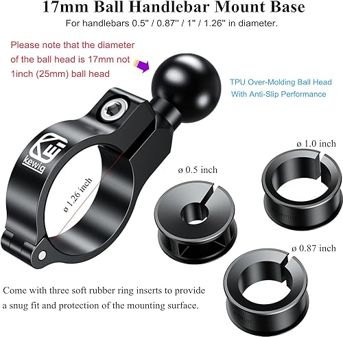 Miniatura 2 de BRCOVAN Base de montaje de abrazadera de manillar de aleación de aluminio con bola de TPU de 0.669 in para carriles redondos Diámetro 0.5 '' 0.87 ''